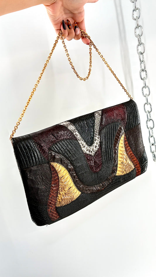 Vintage Exotic Genuine Leather Multicolor Reptile-Texture Patchwork Clutch With Chain Strap