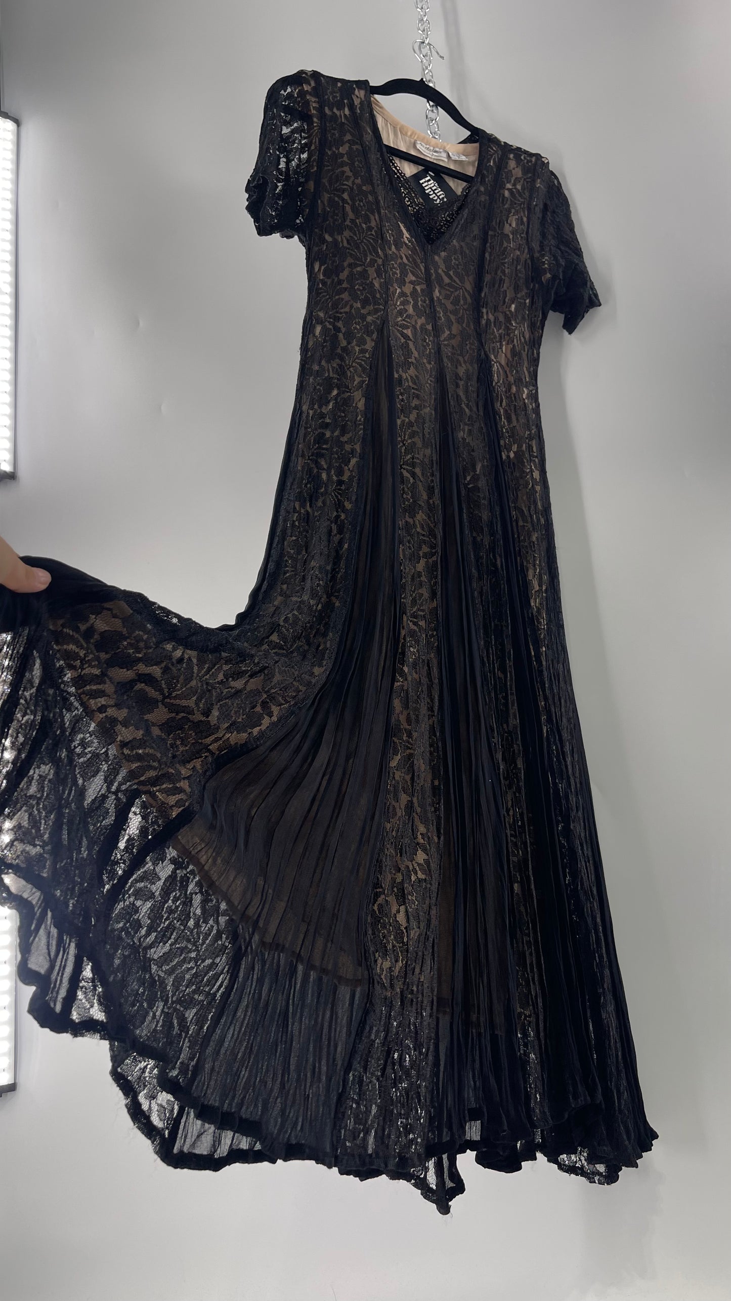Nostalgia Vintage Black Lace Gown with Pleated Vents and Beige Underlay (Small)