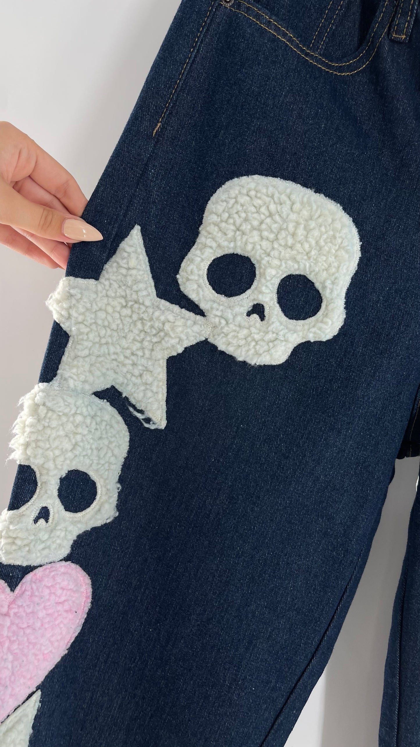 MadeExtreme Dark Wash Denim with Skull/Heart Patches and Bum Embroidery (Medium 8)