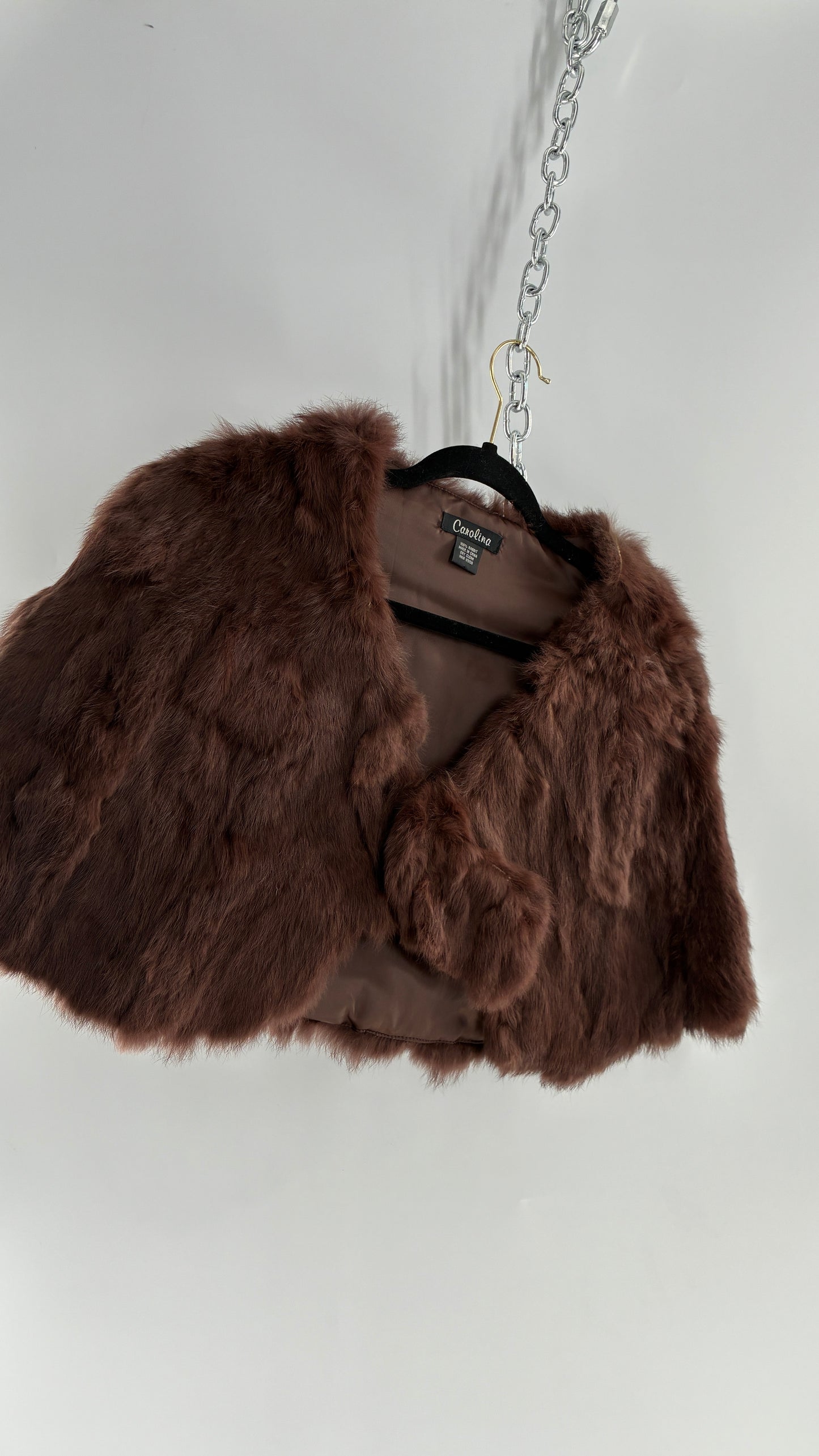 Vintage CAROLINE 100% Rabbit Fur Brown Shrug Cape with Oversized Round Buckle (One Size)