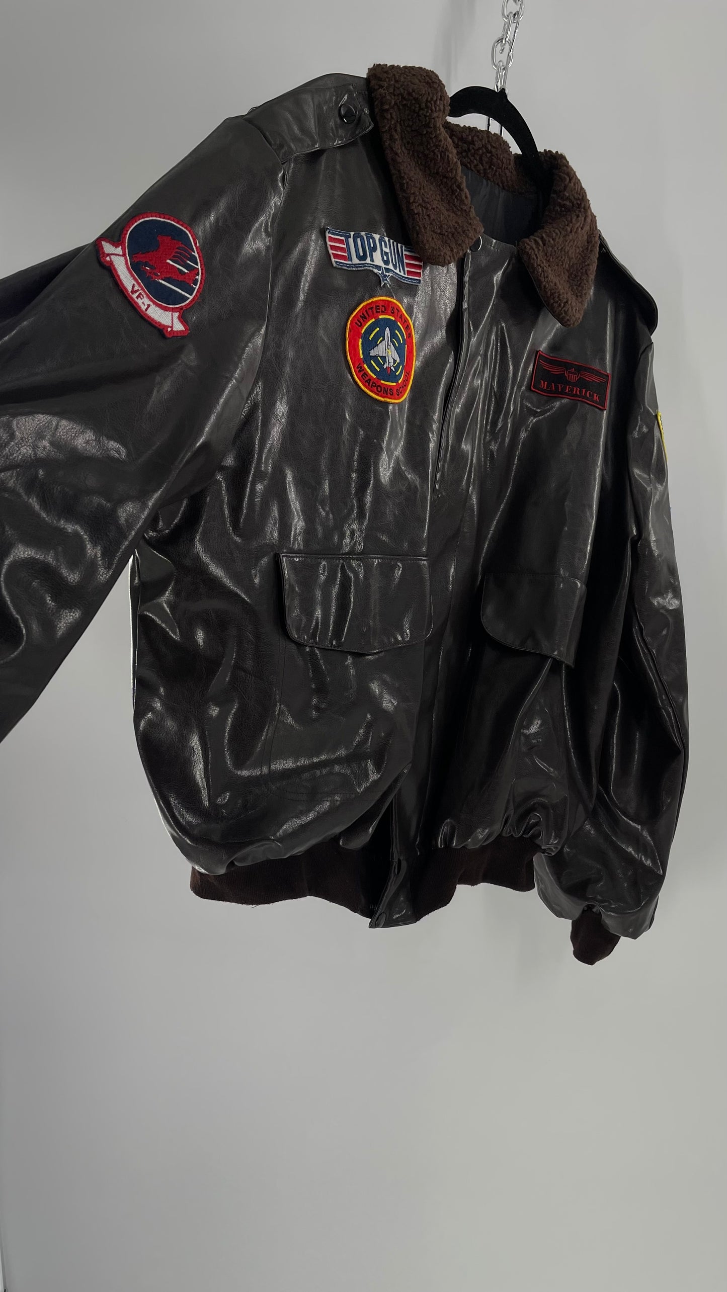 Vintage Dark Brown Top Gun Bomber Jacket with Patches and Teddy Sherpa Collar (Large)
