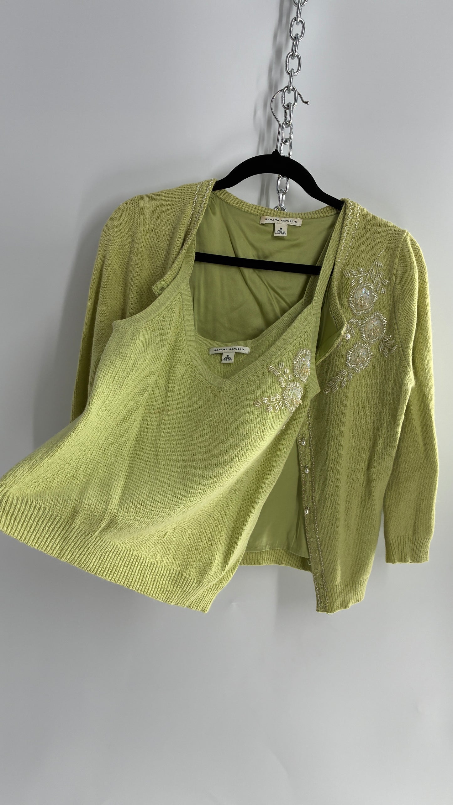 Vintage Banana Republic Bedazzled, Beaded Lime Green Cardigan and Knit Tank Set (Medium)