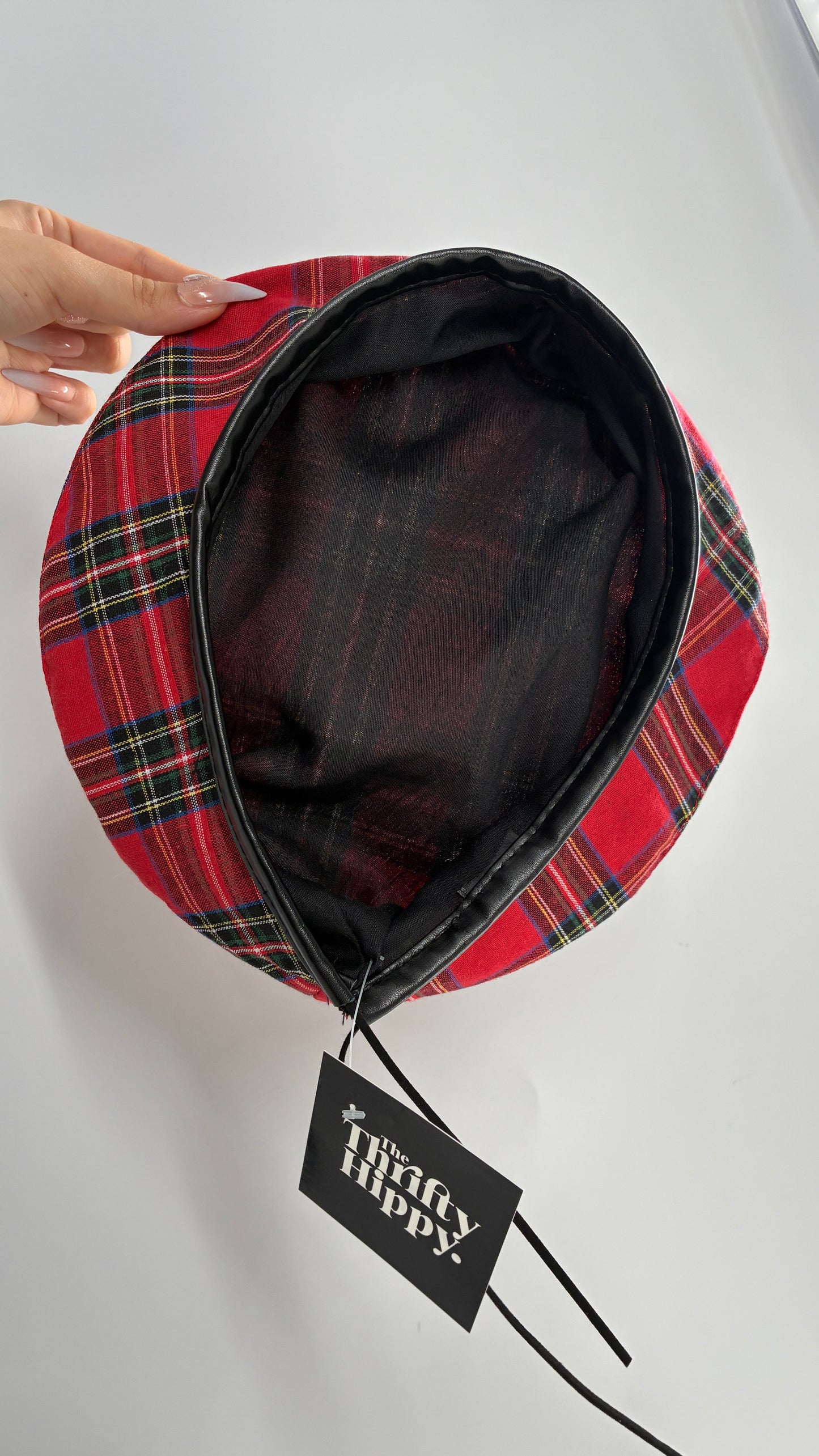 Red Plaid Beret with Vegan Leather Strap with Silver Metal Hardware