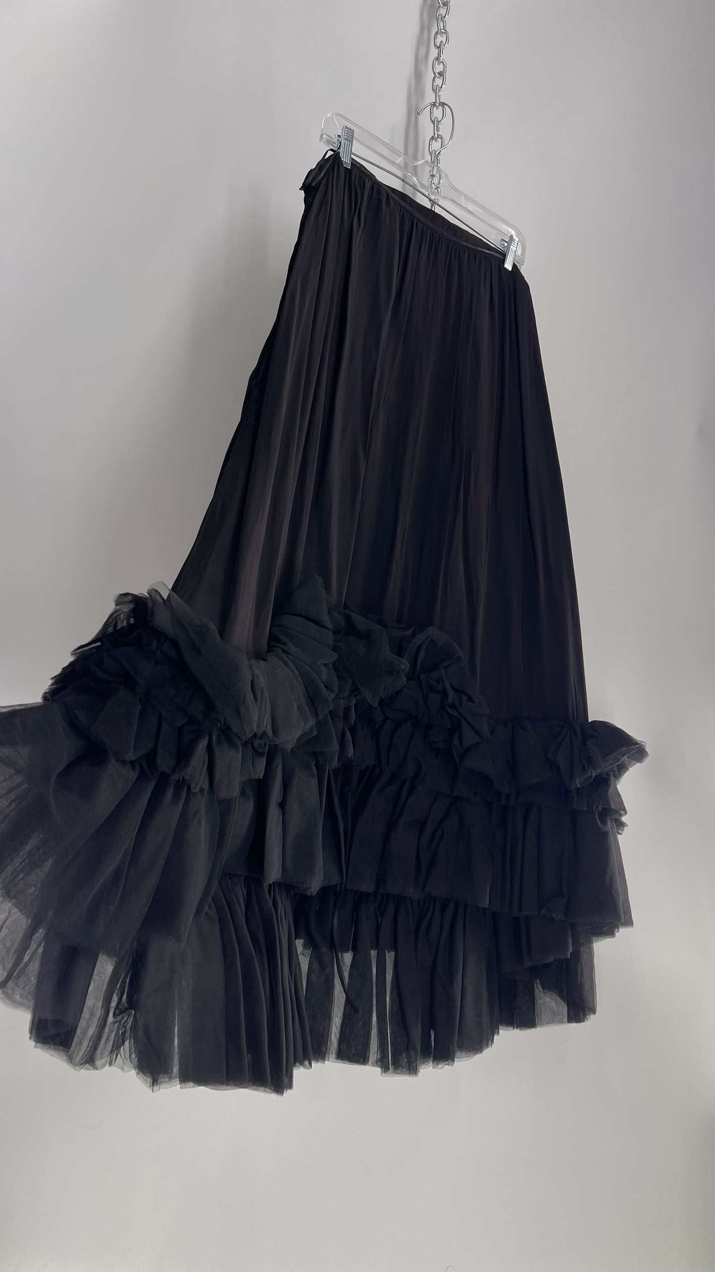 Anthropologie Black Voluminous Full Gown with Pleated Tulle Hemline Detail (M/L)