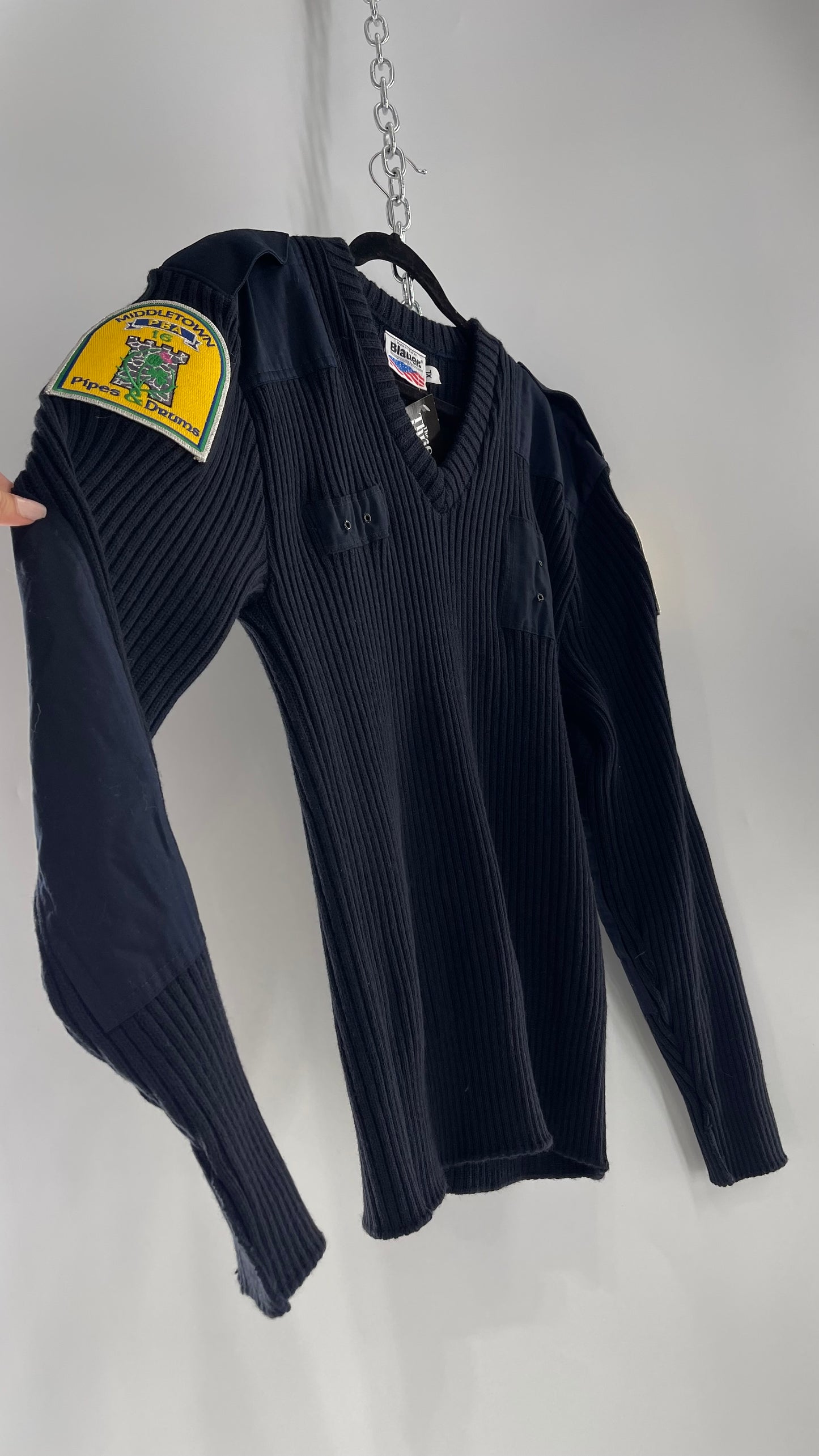Vintage Pipes & Drums Navy Blue Ribbed Heavy Knit Sweater with Arm Patches and Badges (XL)