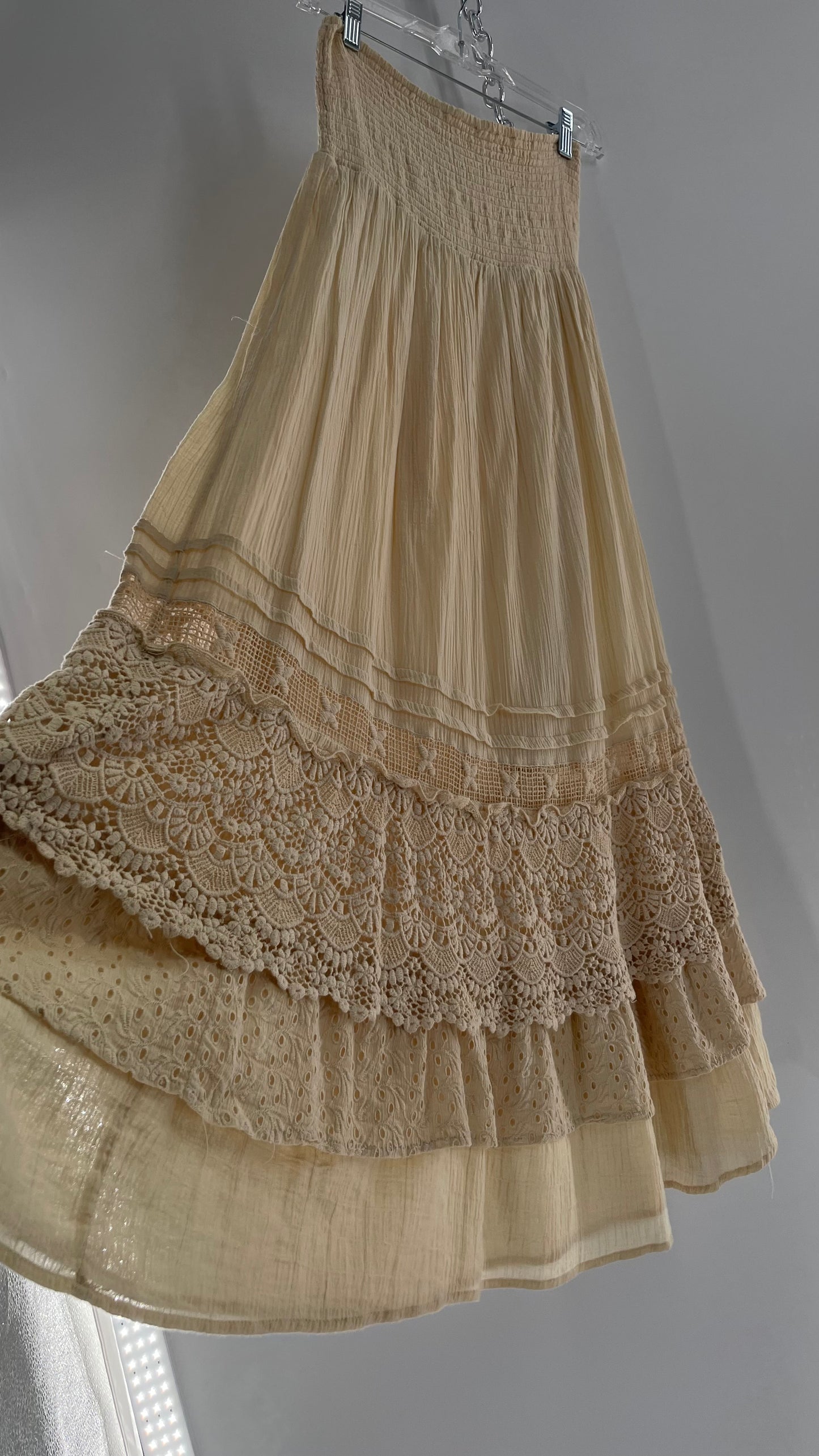 Free People Beige Gauze/Cotton Full Length Skirt Lined with Lace (XS)