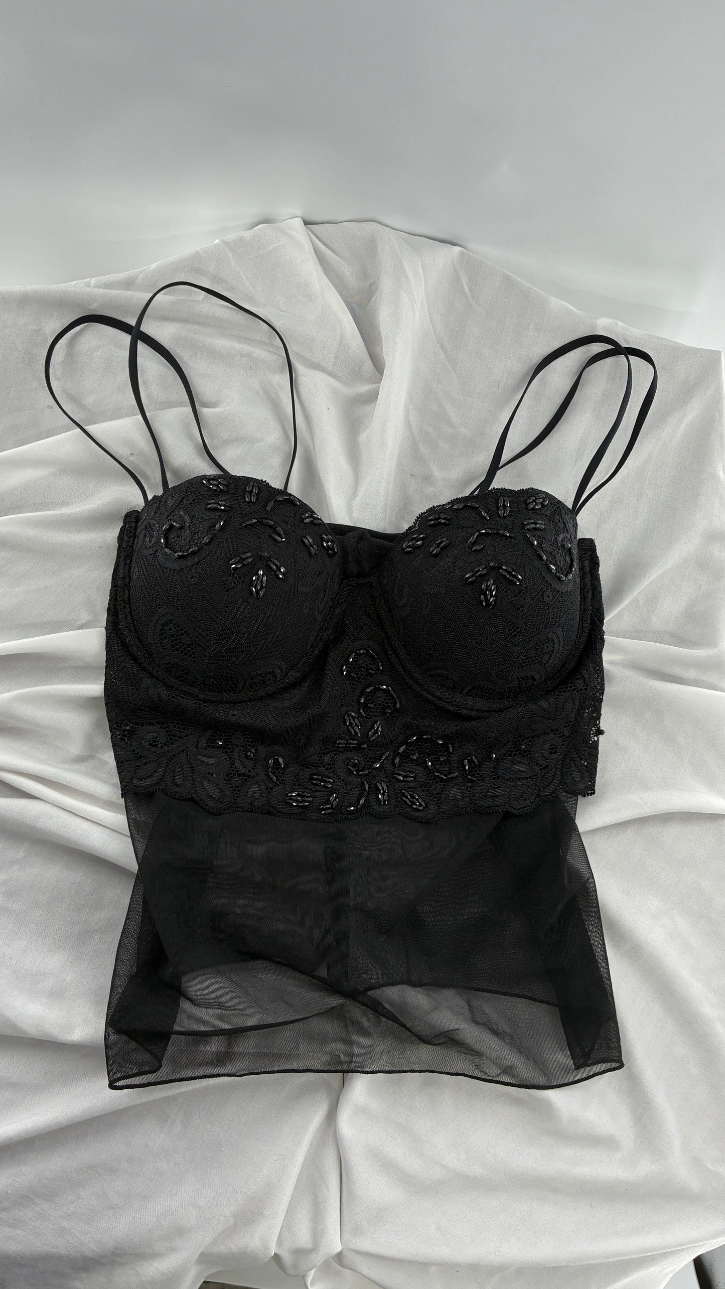 Vintage LA FRESCA Black Lace Bustier Babydoll with Mesh Bodice and Beaded Cups/Band (Large)