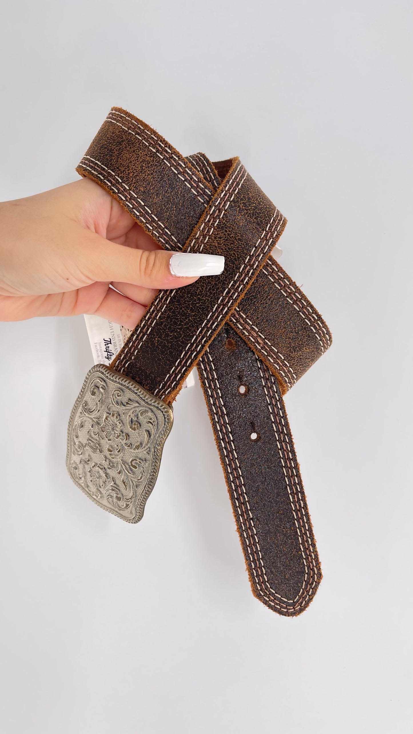 Vintage Belt Shak Brown Leather Belt with Stitching and Embossed Silver Metal Buckle (M)