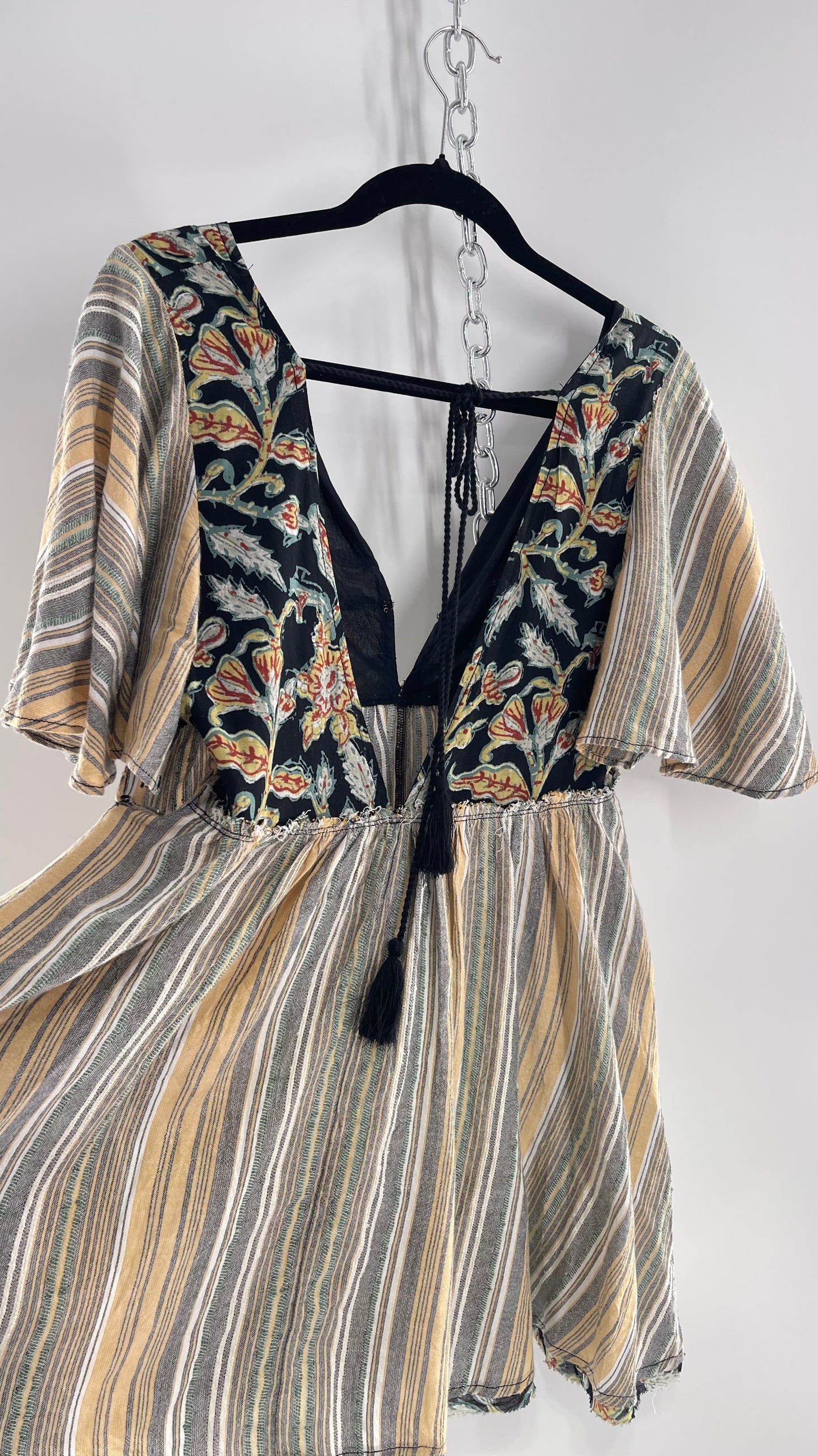 Free People Dual Fabric Floral/Woven Boho Babydoll Mini Dress (XS)