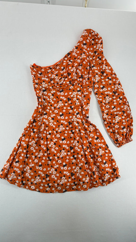 Free People Orange Asymmetric Single Sleeve Flared Out Fall Florals Dress (0)
