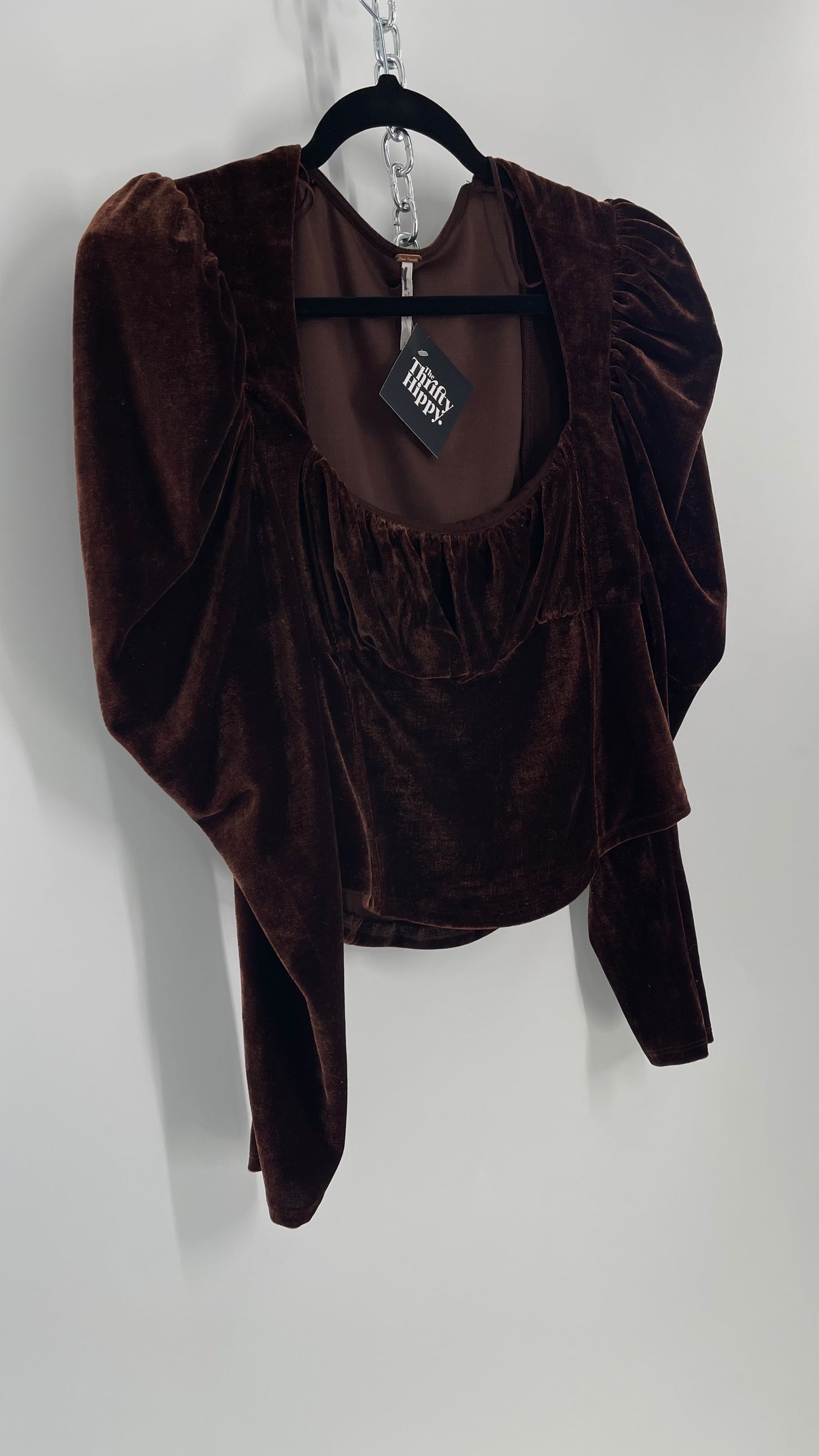 Free People Dark Brown Velvet Long Sleeve Cropped Blouse with Milkmaid Neckline and Renaissance Puff Shoulder (Large)
