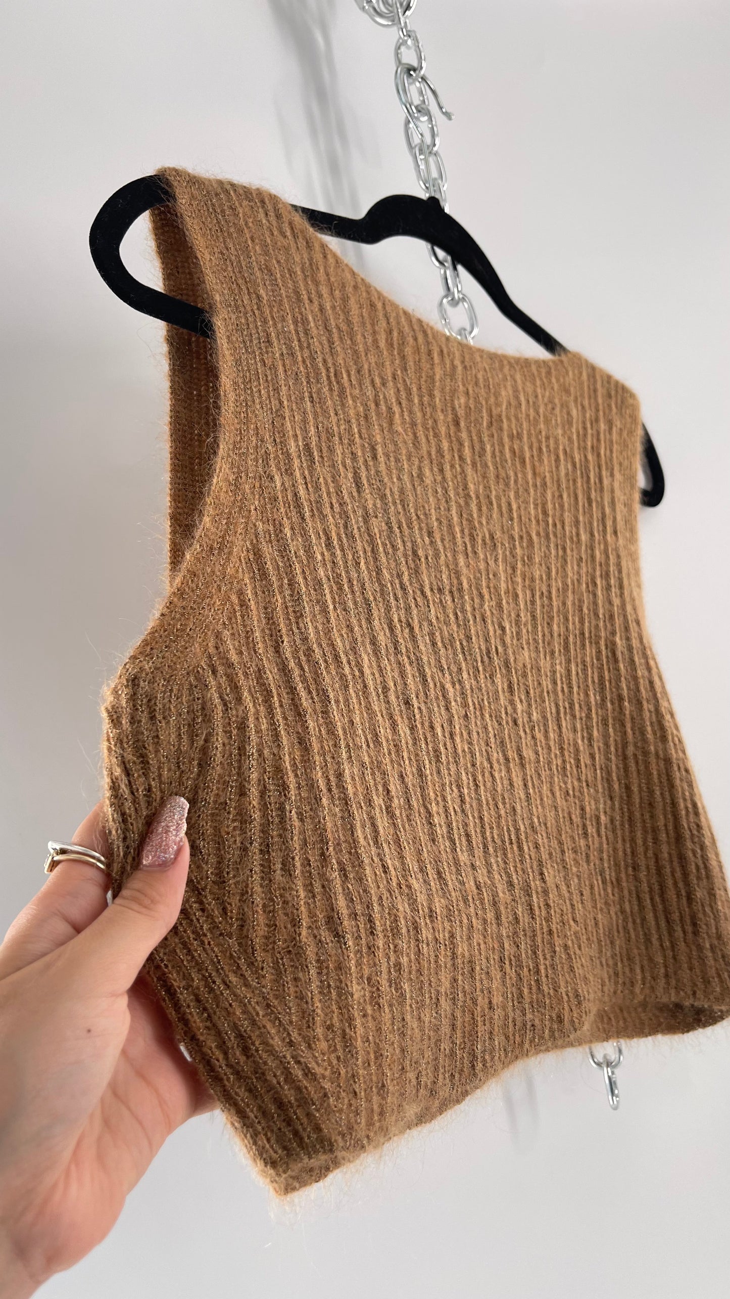 Vintage Anne Klein 42% Mohair Tan Knit Tank with Gold Tinsel (Large)