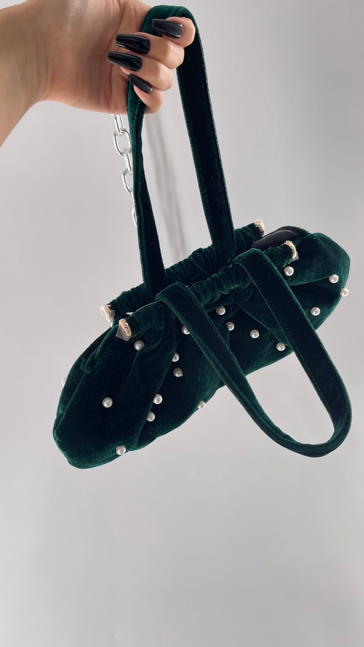 Vintage Deep Green Velvet Purse Covered in Pearls, and Featuring Gold Metal Closure Still Lined in Protective Plastic