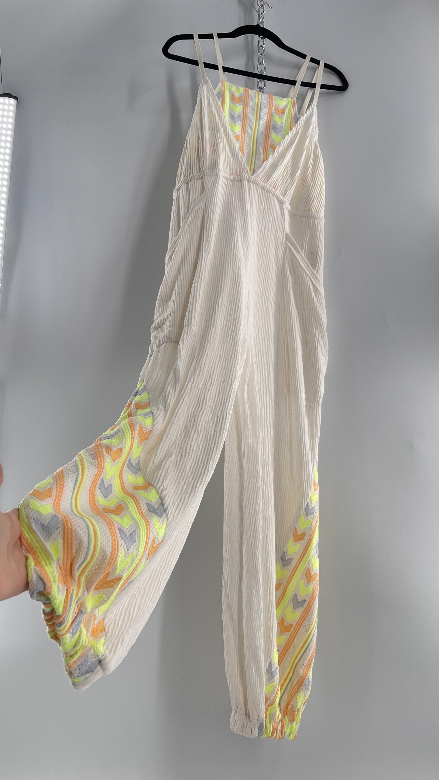 Free People Movement Cream Ribbed Jumpsuit with Yellow/Orange Embroidered Details and Waist Cinching Drawstring (Small)