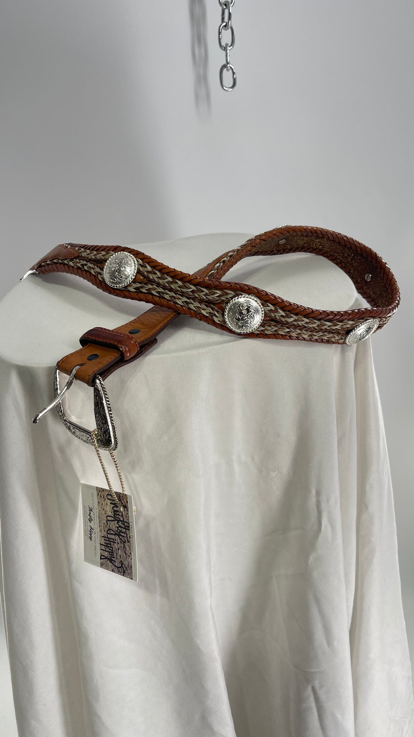 Vintage Tony Lama Genuine Leather Horse Hair Western Braided Belt With Silver Embellishments (34)