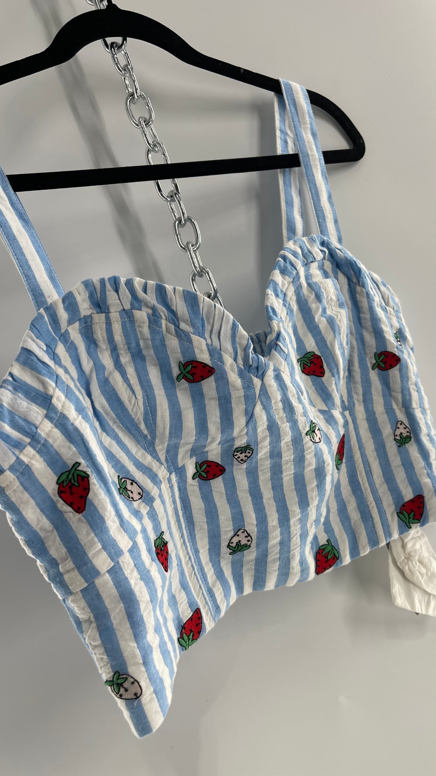 Maeve Anthropologie Baby Blue White Striped Corset Like Crop with Embroidered Strawberries (6)
