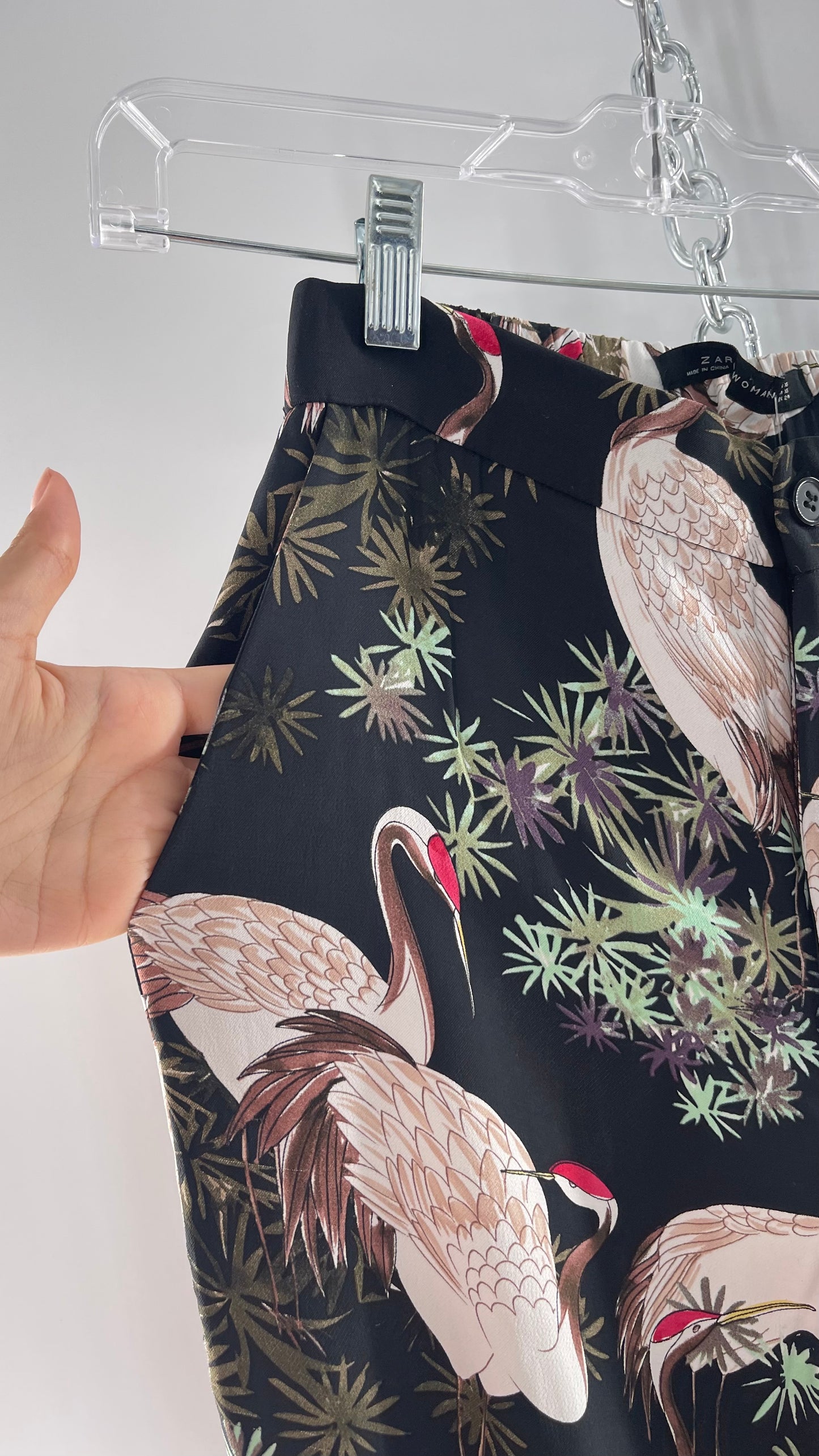 Zara Black Crane Printed Graphic Pocketed Flare Trousers (XS)