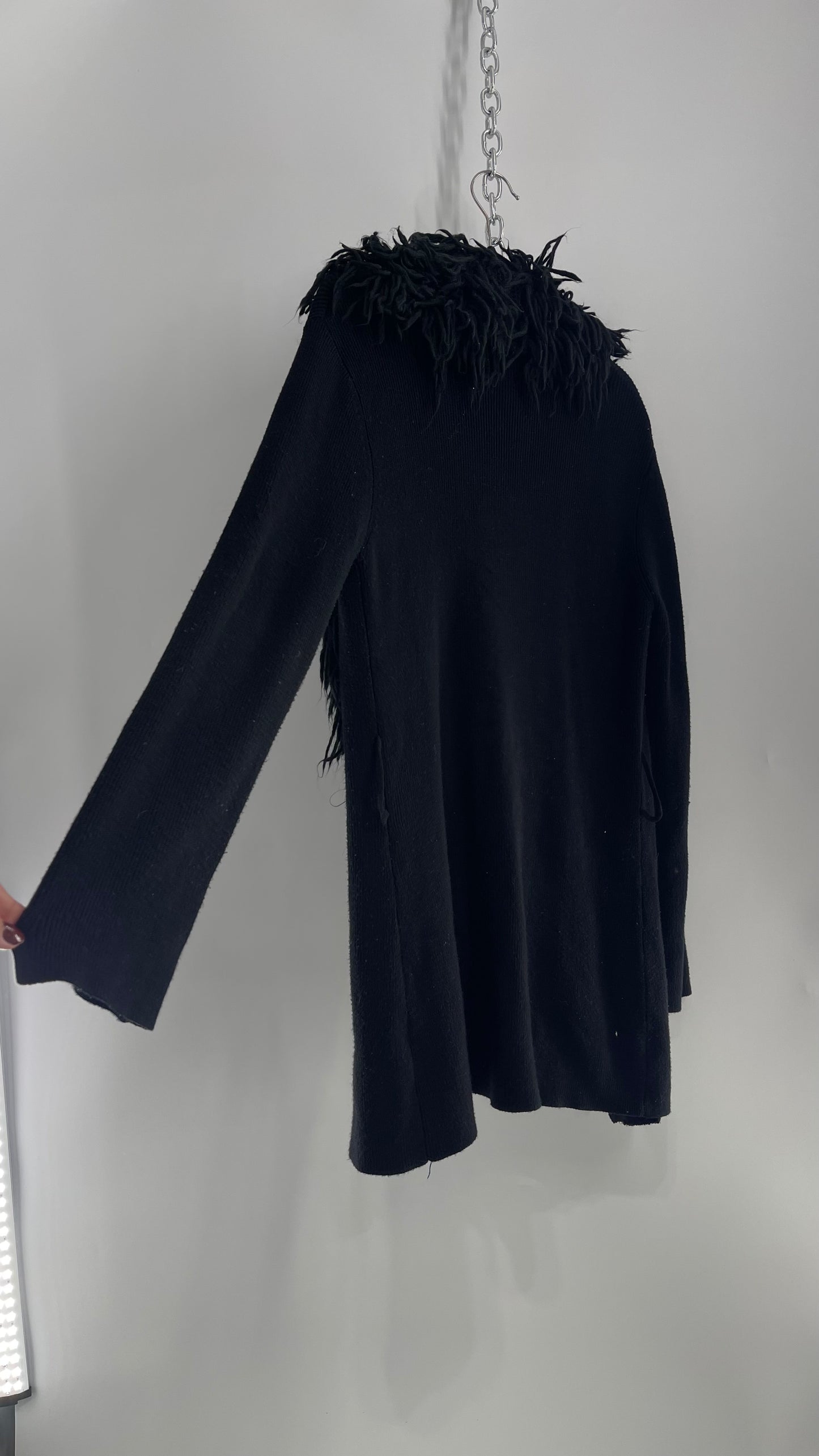 Dolce Cabo Vintage Worn Used Black Knit Cardigan with Exaggerated Shaggy Collar (Medium)