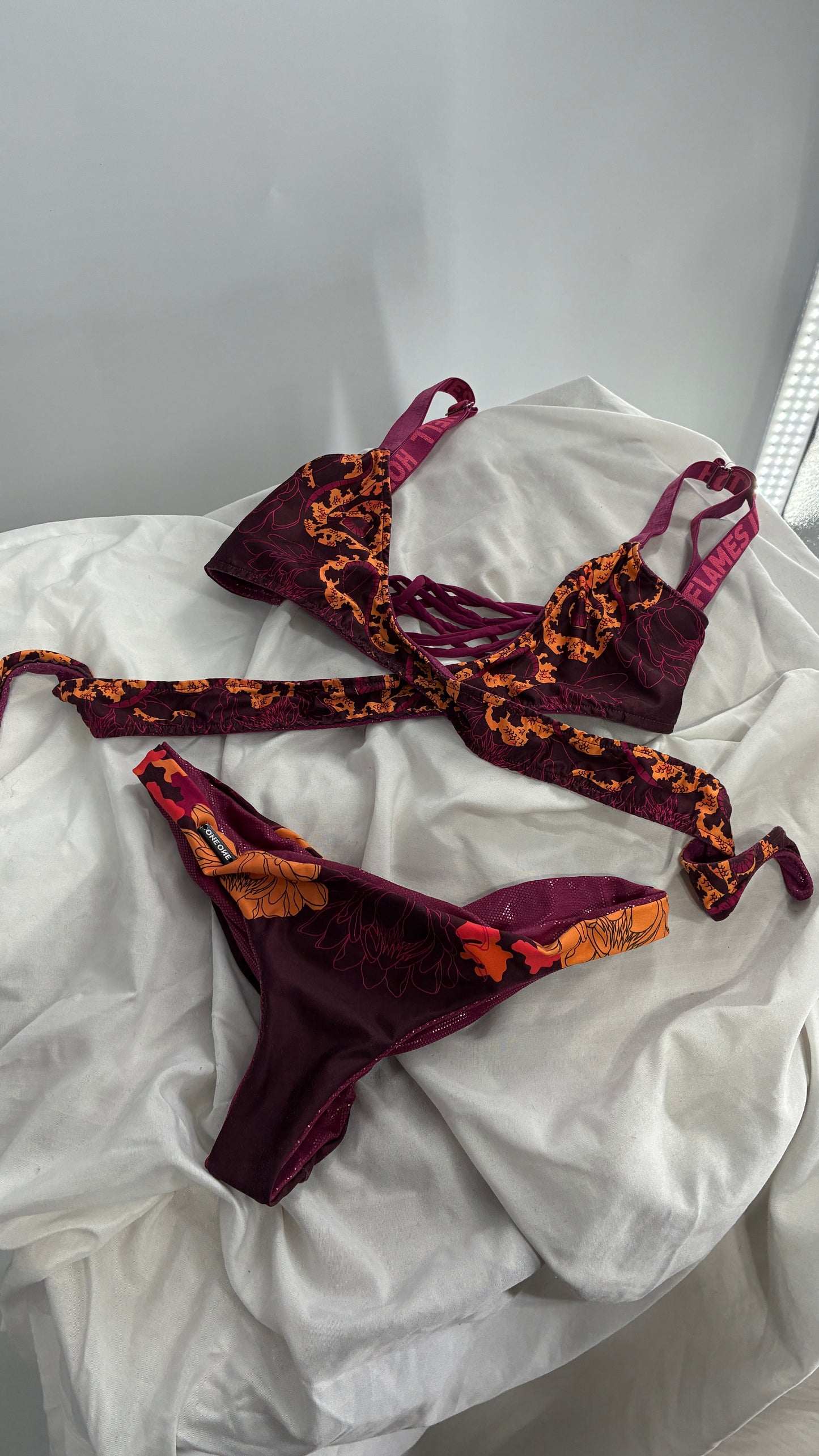 Vintage ONEONE Reversible Dragon, Sequin Ruched Tanga, Tie Around Swim Suit (Small)