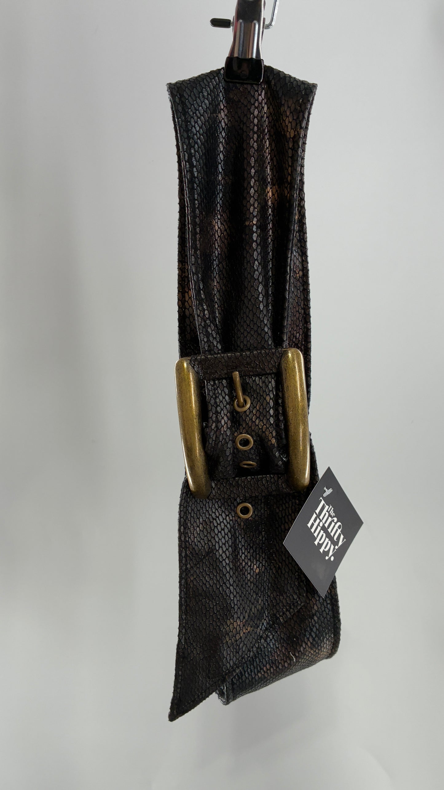 Vintage Snake Skin Patterned Wide Belt with Gold Brass Oversized Buckle (Large)