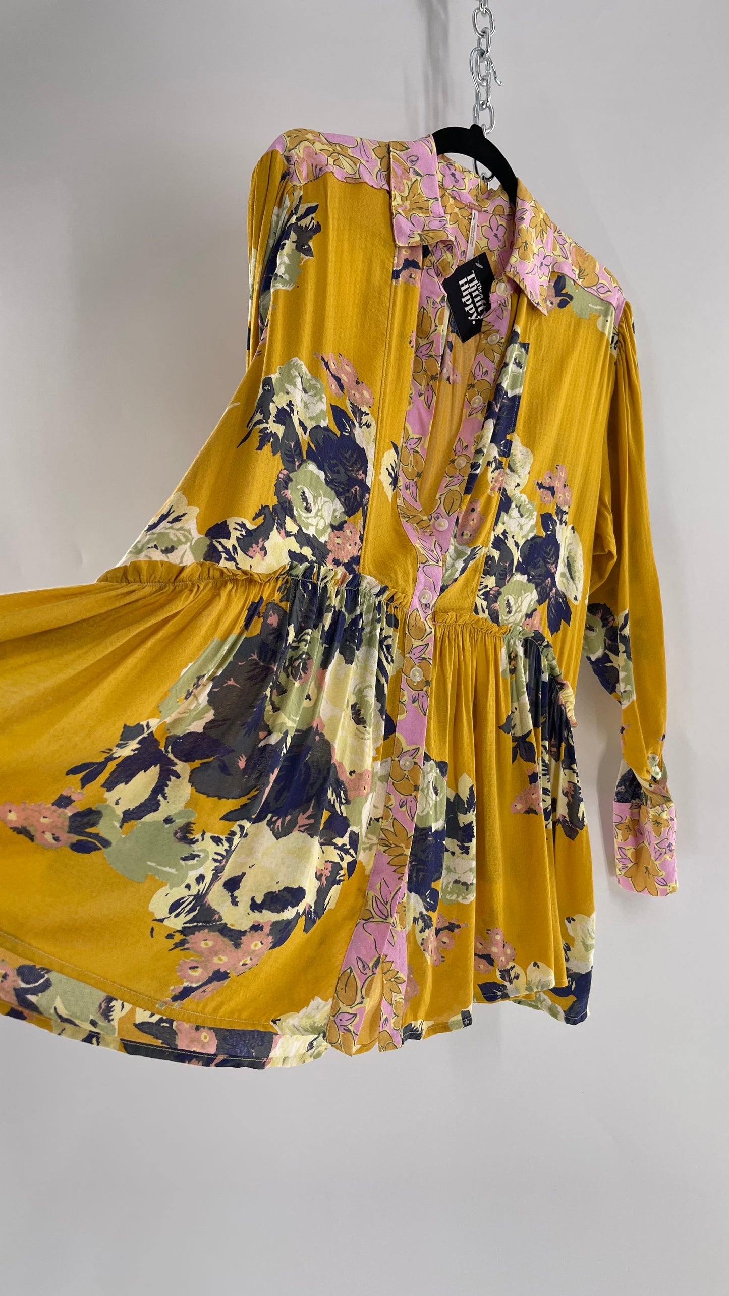 Free People Oversized Button Up Contrast Pattern Yellow Floral Blouse (XS)
