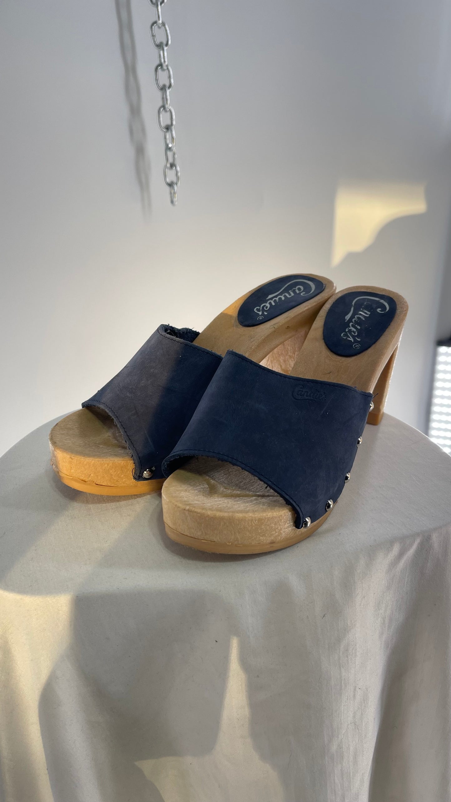 Vintage Candies 1980s Navy Blue HOT Side Studded High Heel Slides (8)