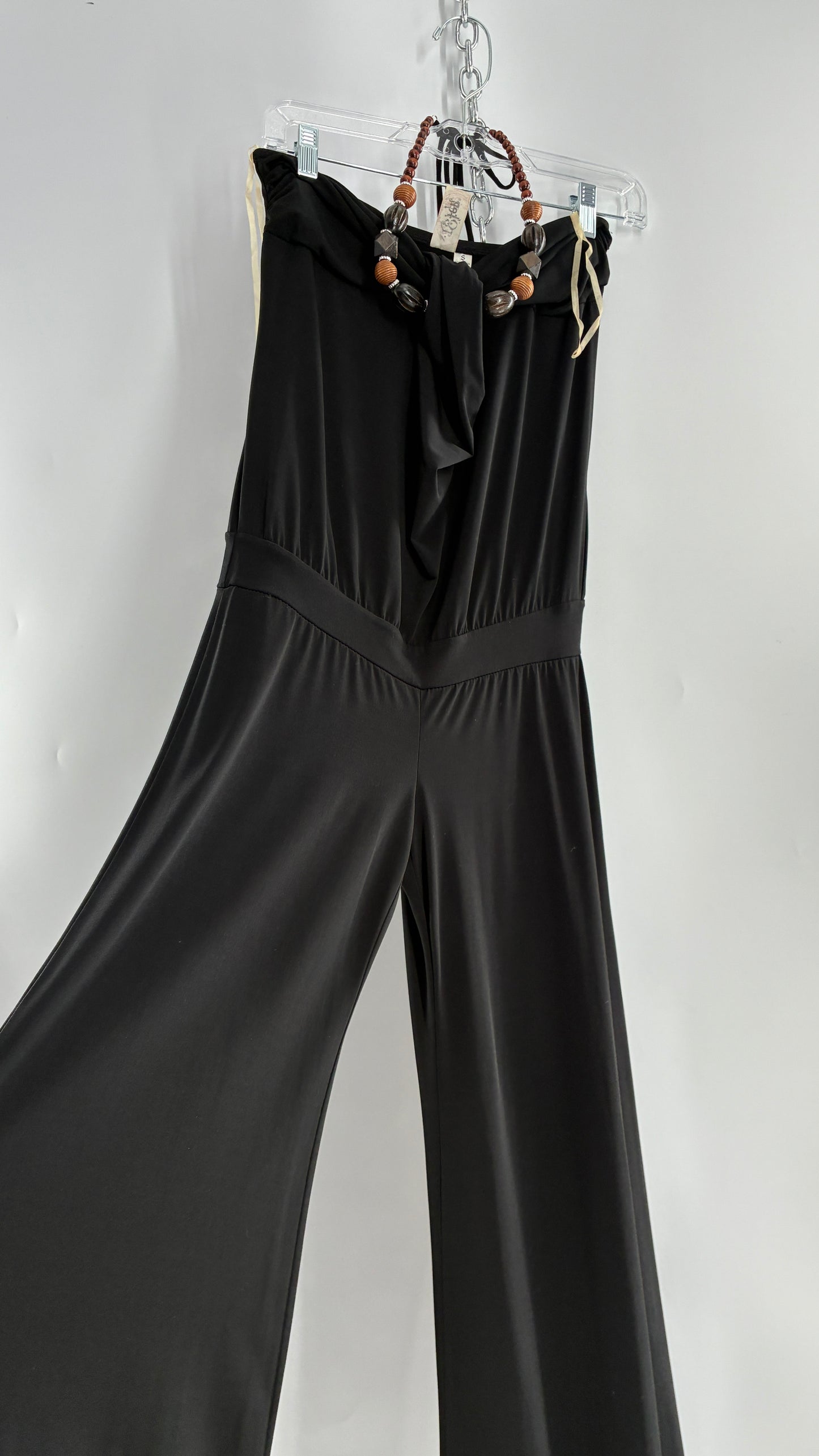 Vintage L8ter 1990s Black Drop Waist Wide Leg Jumpsuit with Beaded Choker Halter (Small)