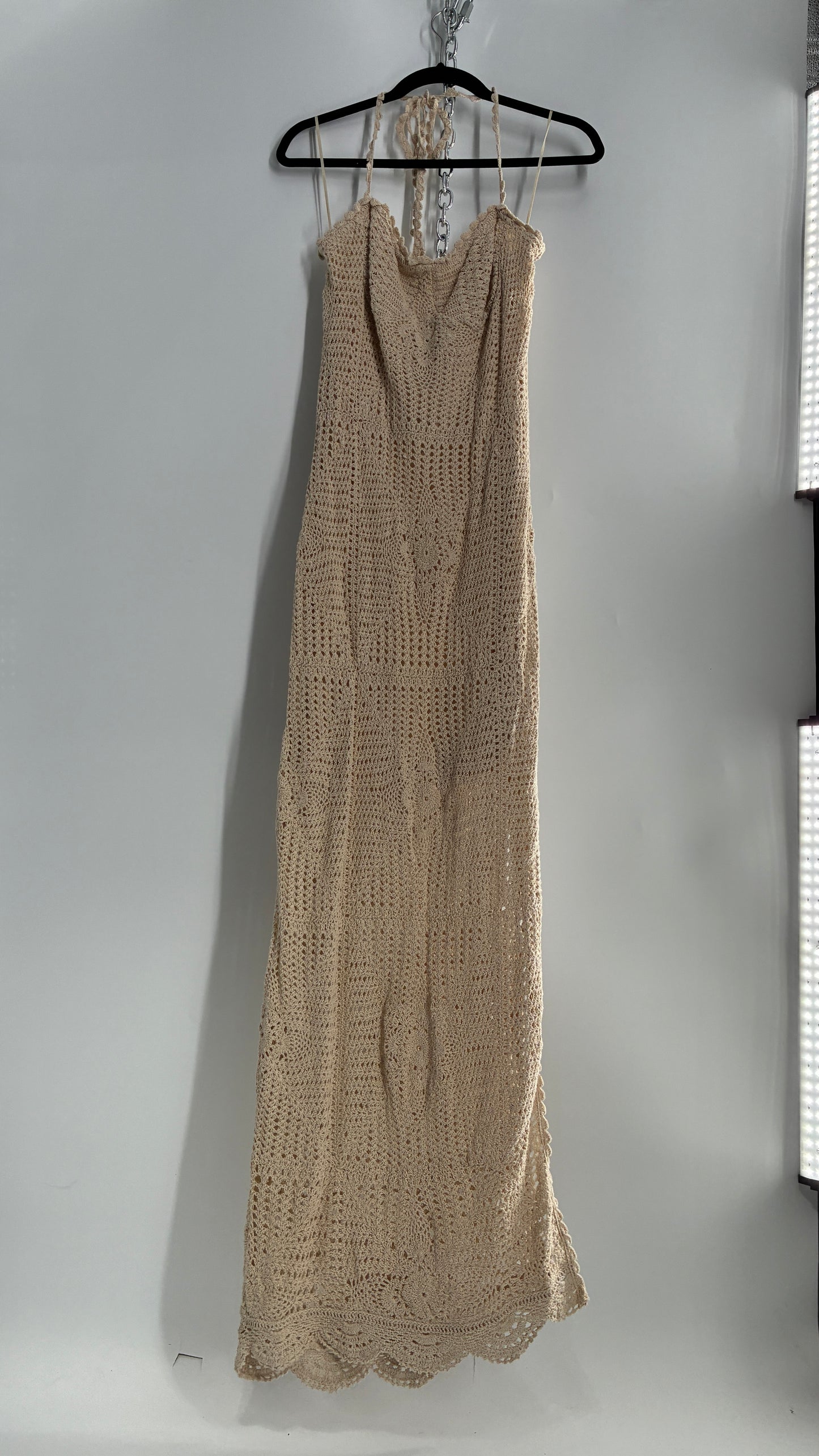 Free People Beige Crochet Knit Máxi Dress (Large)