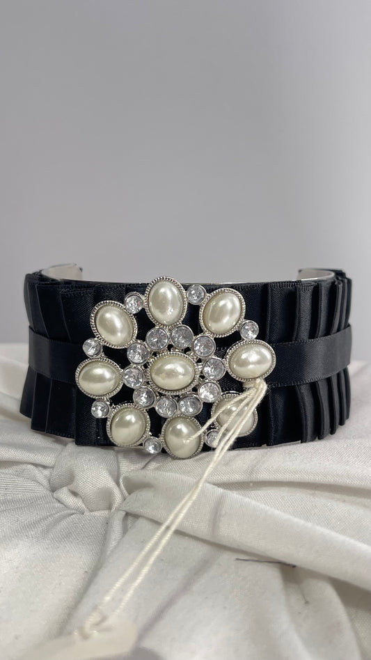 Vintage Black Pearl Ribbon Adjustable Bracelet, Arm Cuff