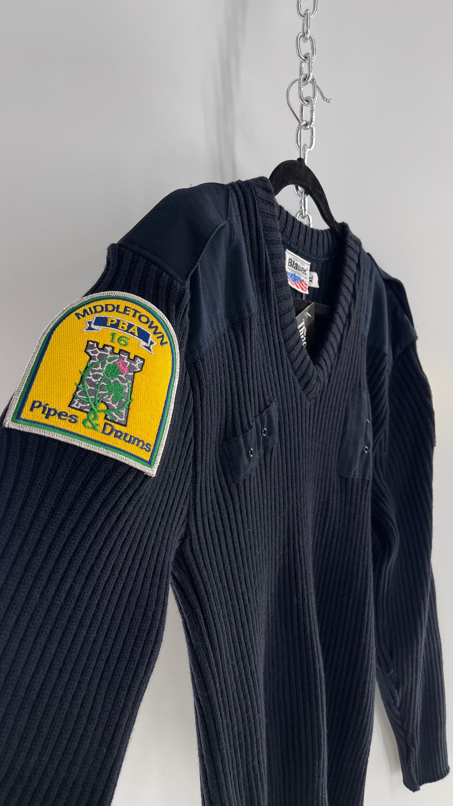 Vintage Pipes & Drums Navy Blue Ribbed Heavy Knit Sweater with Arm Patches and Badges (XL)