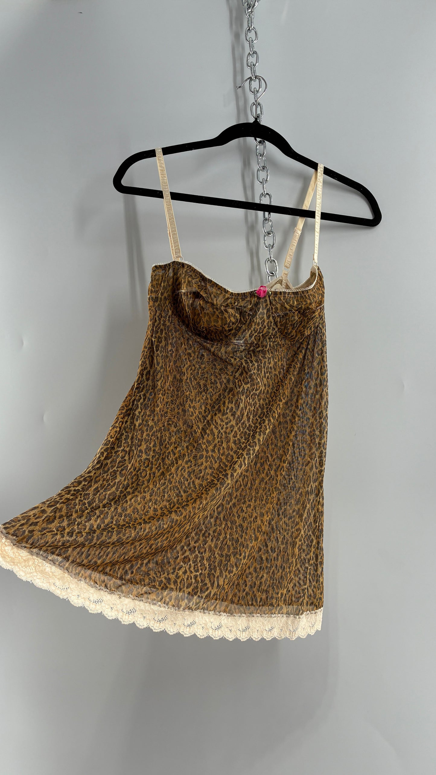 Vintage 1990s Dolce & Gabanna Cheetah Mesh Babydoll Camisole with Underwire Ruched Bust, Rosette and Branded Appliqué Tag (Large)
