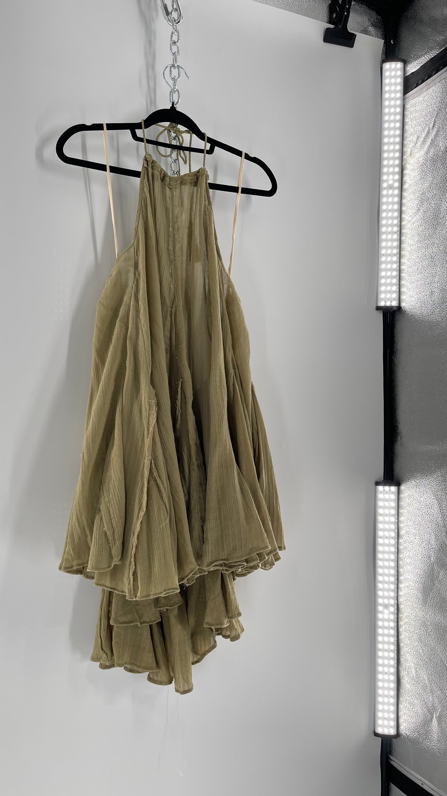 Free People Olive Sage Gauze/Cotton Halter Backless Dress (M)