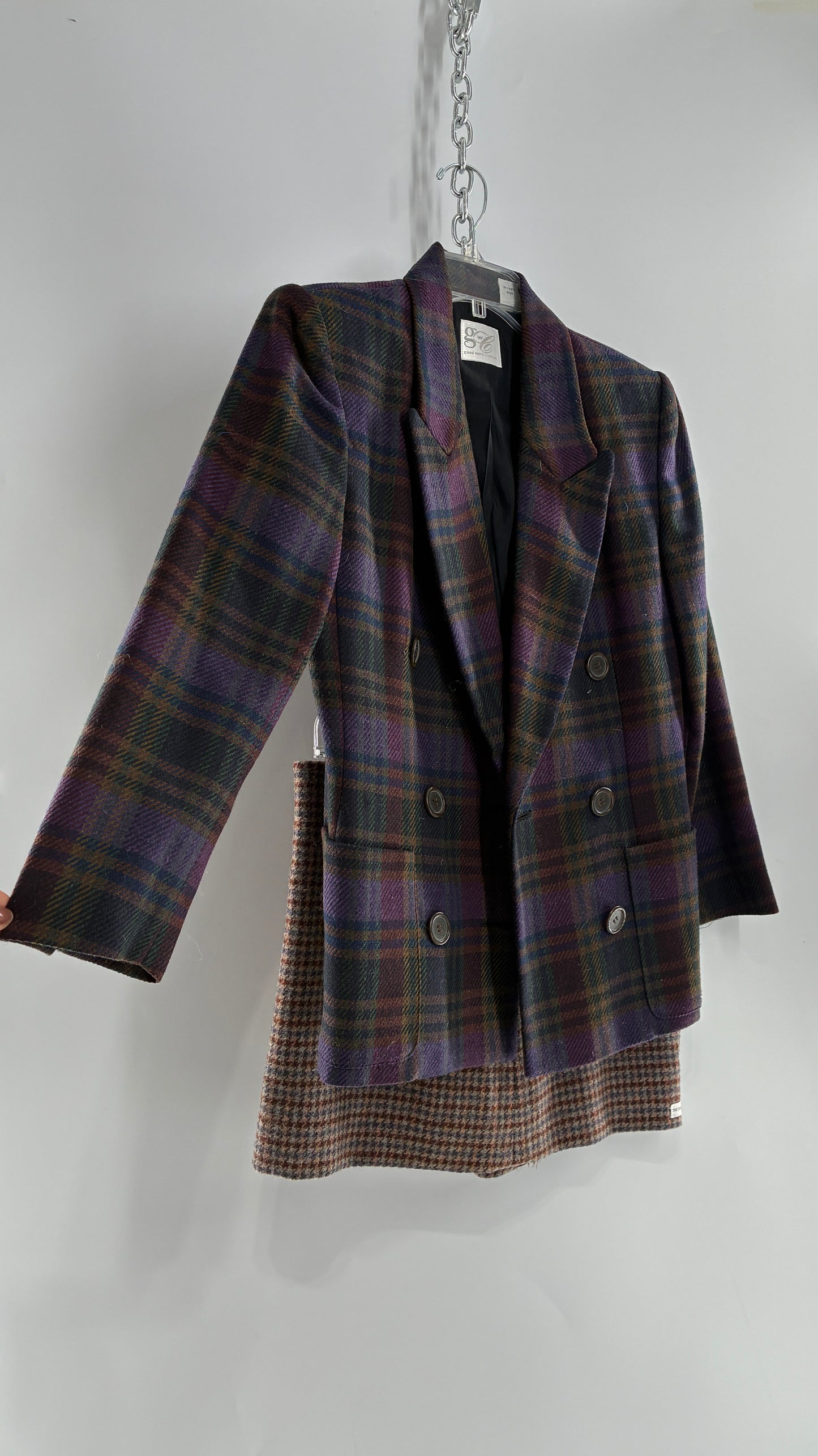 Vintage Suit Set with GOOD WORKS CLOTHING Wool Blend Indigo Plaid Blazer and Upcycled Wool Blend Mini Skirt (6 Petite)