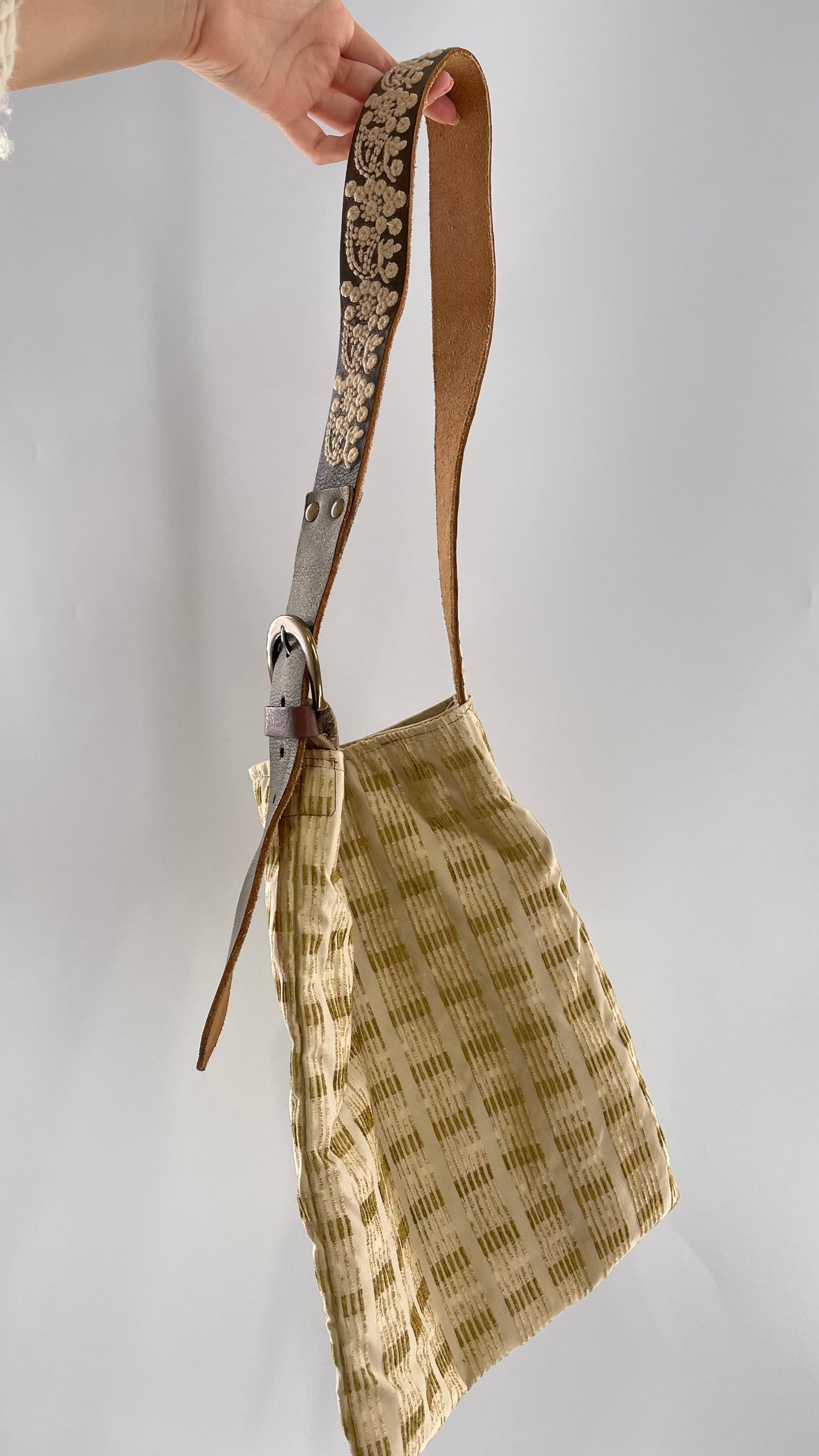 Tote with Embroidered Gold Exterior, Embroidered Leather Strap and Leather Interior - Shown Reversed