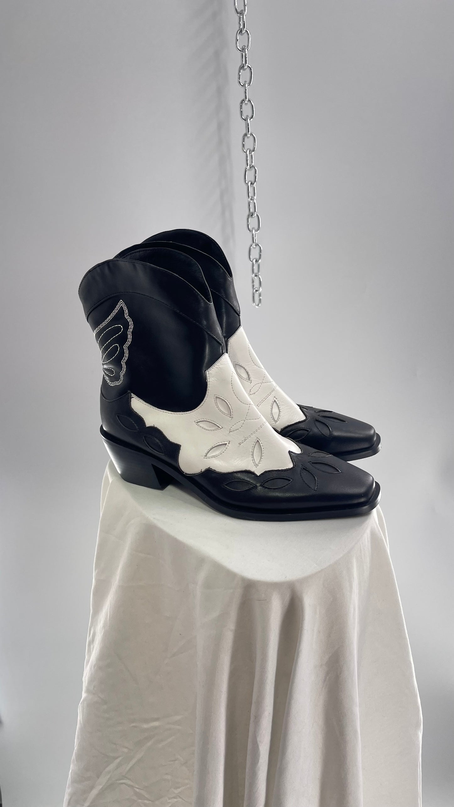 Black and White Cowboy Boots with Embroidered Butterfly Wings on Back (40)