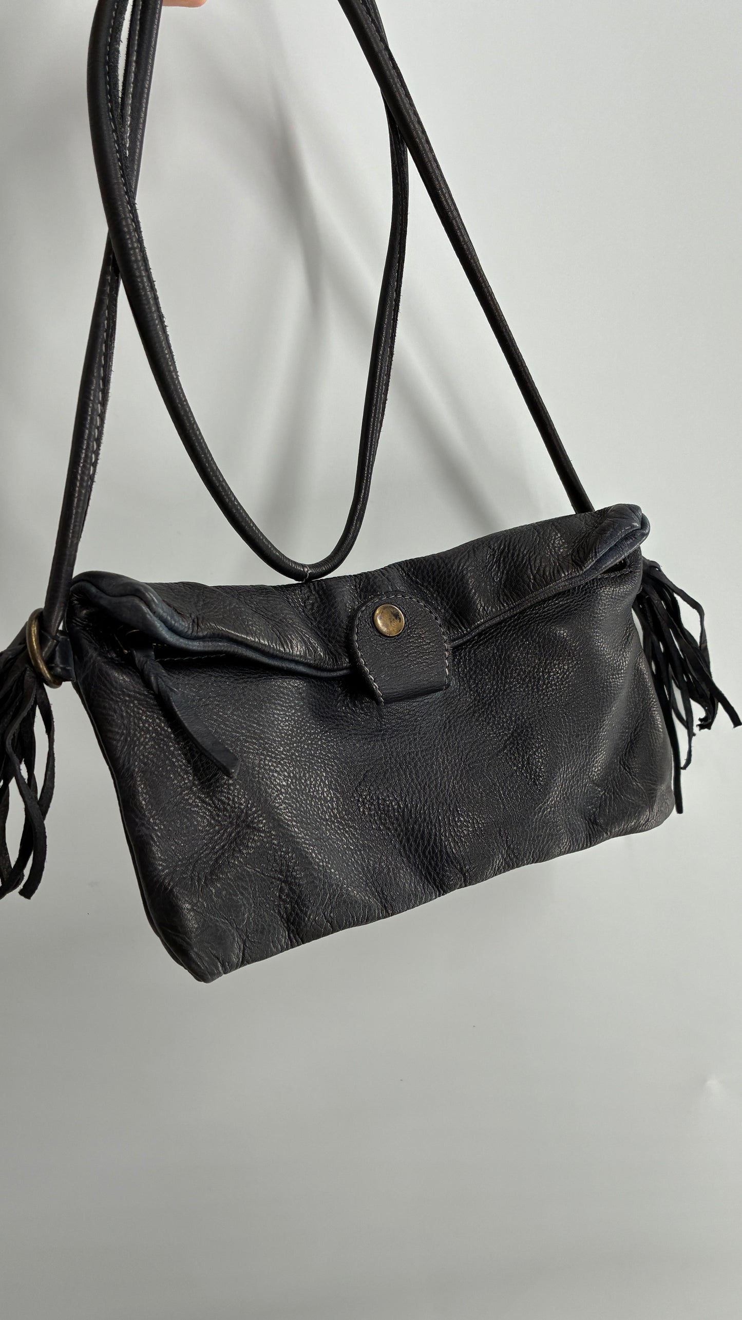 Free People Black Leather Cross Body Fringe Tassel Pouch Pocket Purse