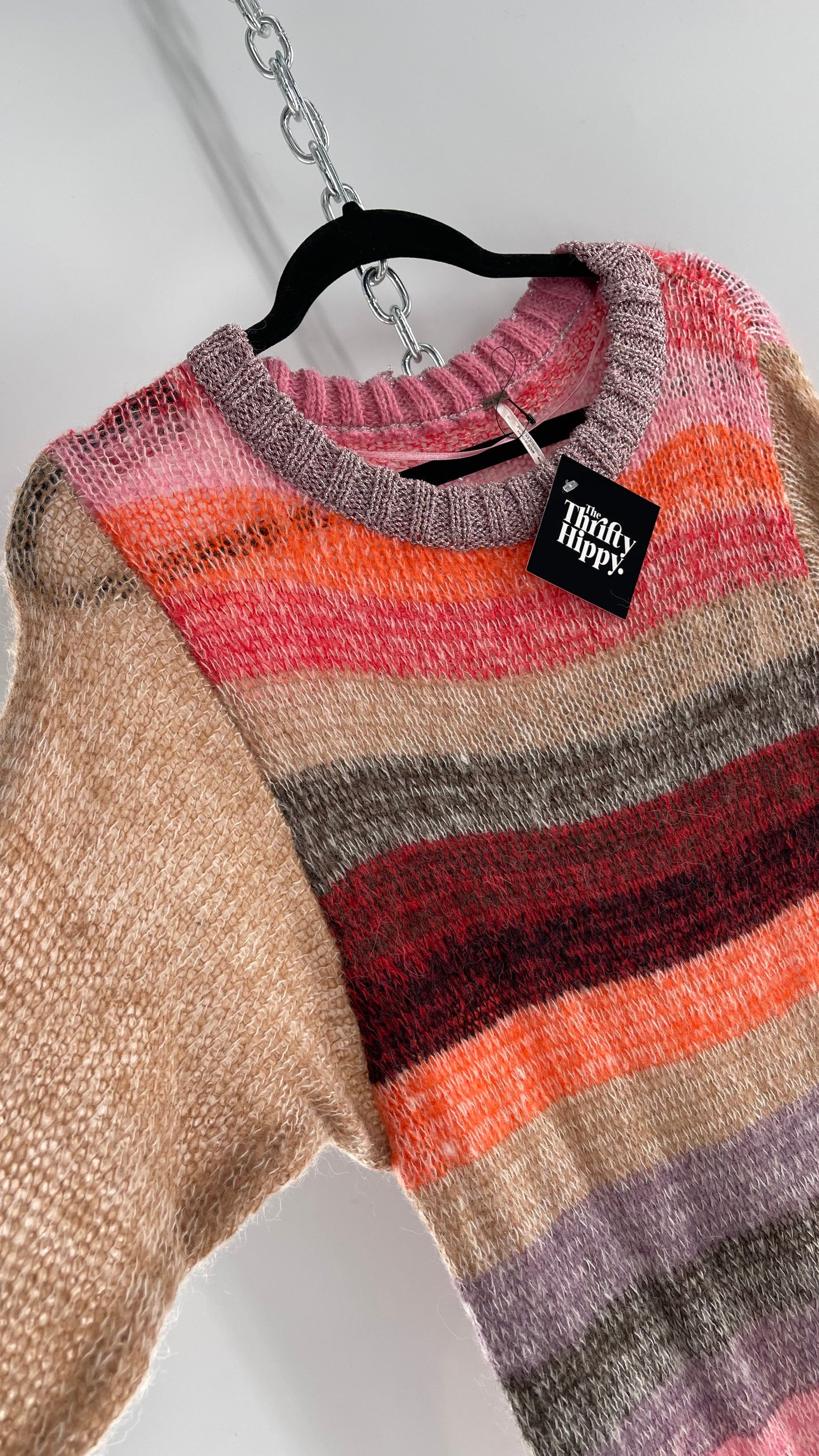 Free People Striped Sweater with Glitter Knit Cuffs and Collar (XS)