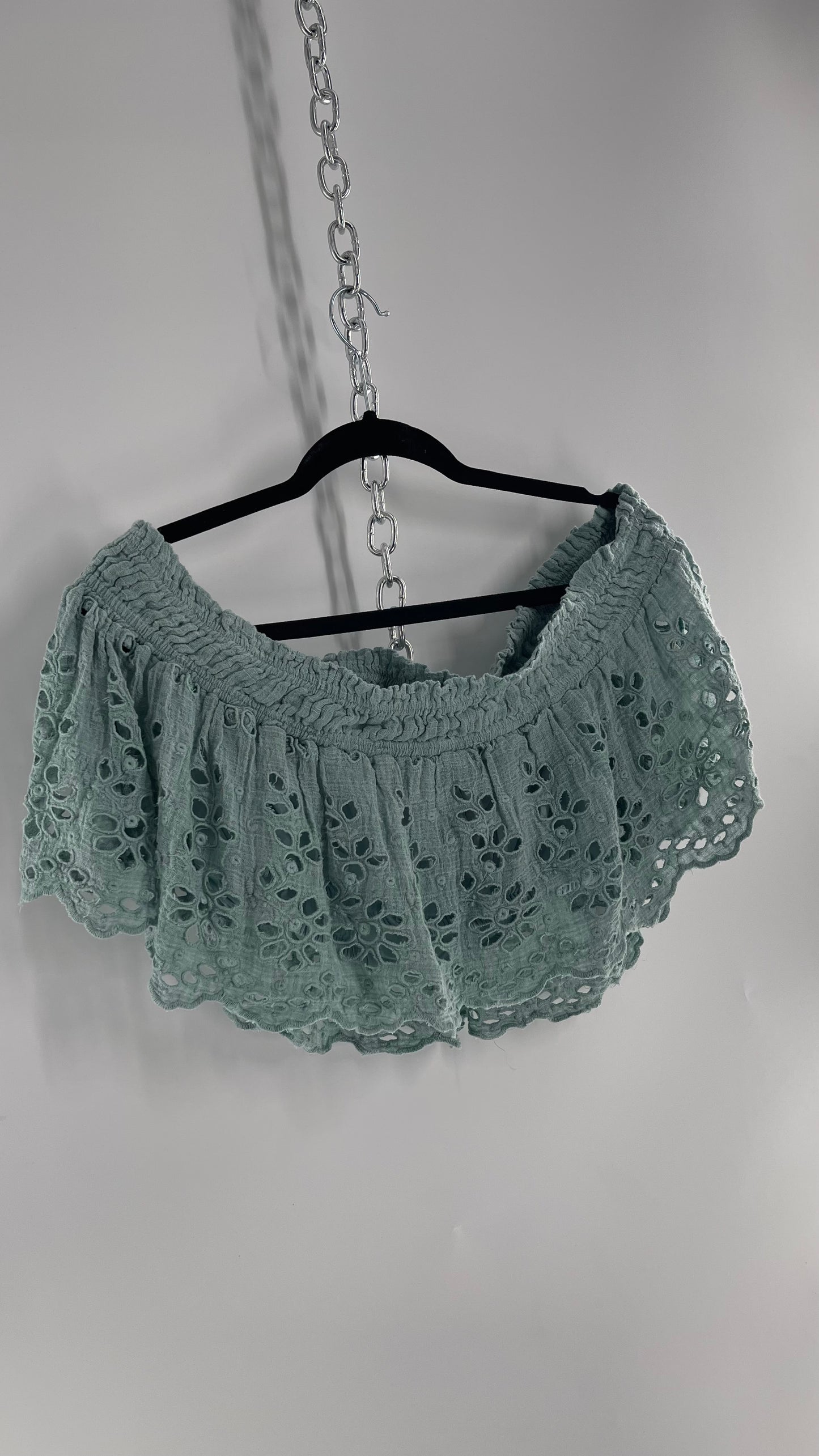 Free People Eyelet Cotton Teal Blue Off the Shoulder Ruffle Bandeau (Medium)