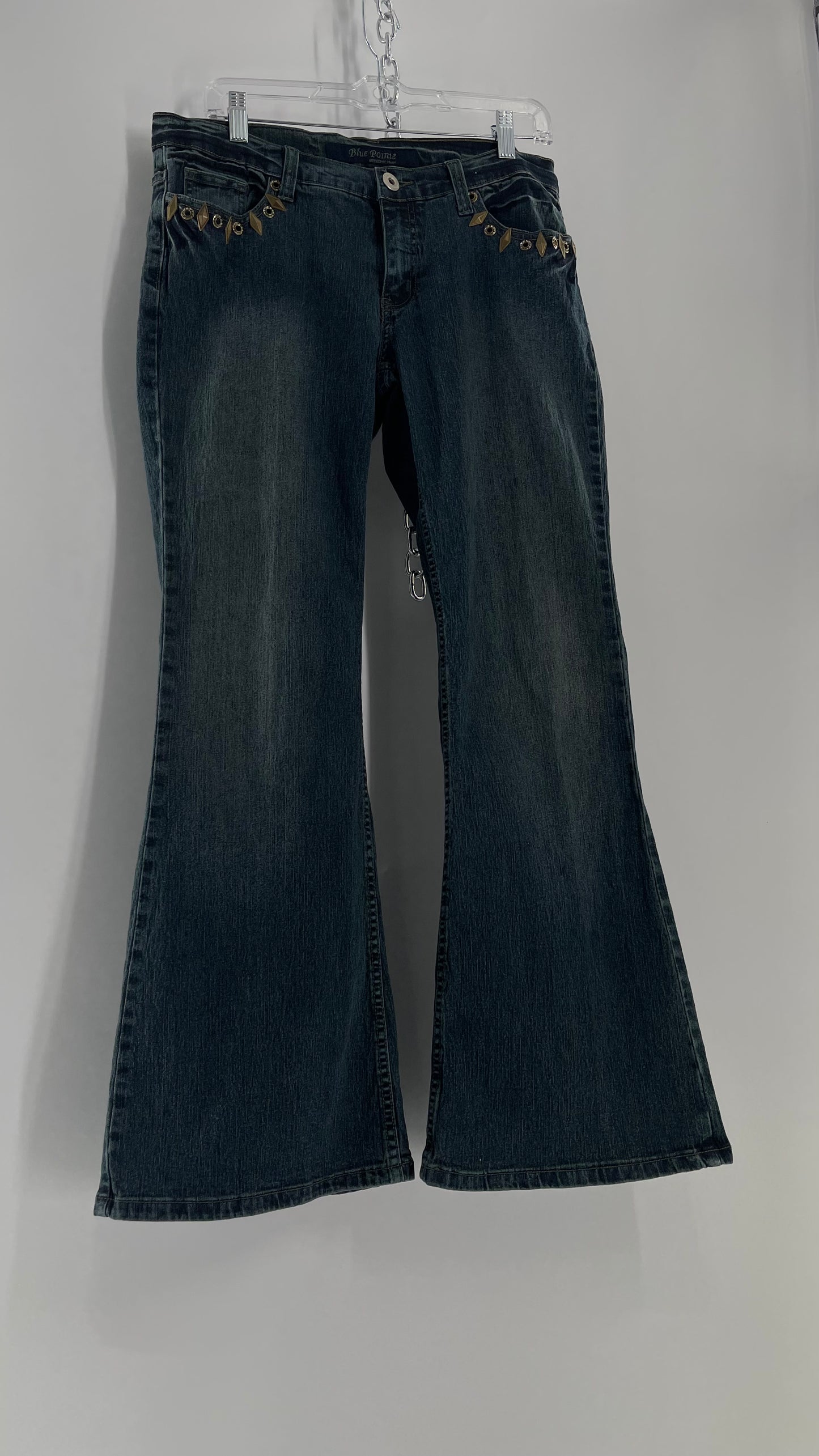 Vintage Blue Pointe Kickflare Medium Wash Jeans with Gold Rhinestone Metal Jewels (13)