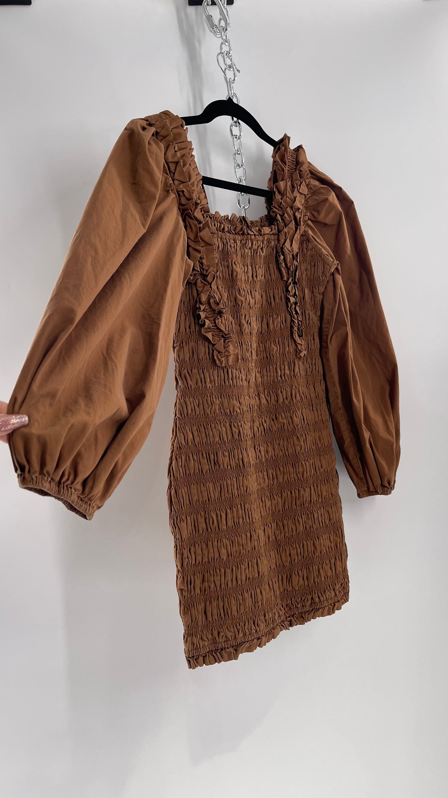 Endless Rose Anthropologie Brown Smocked Ruffle Front Puff Sleeve Mini Dress (Medium)