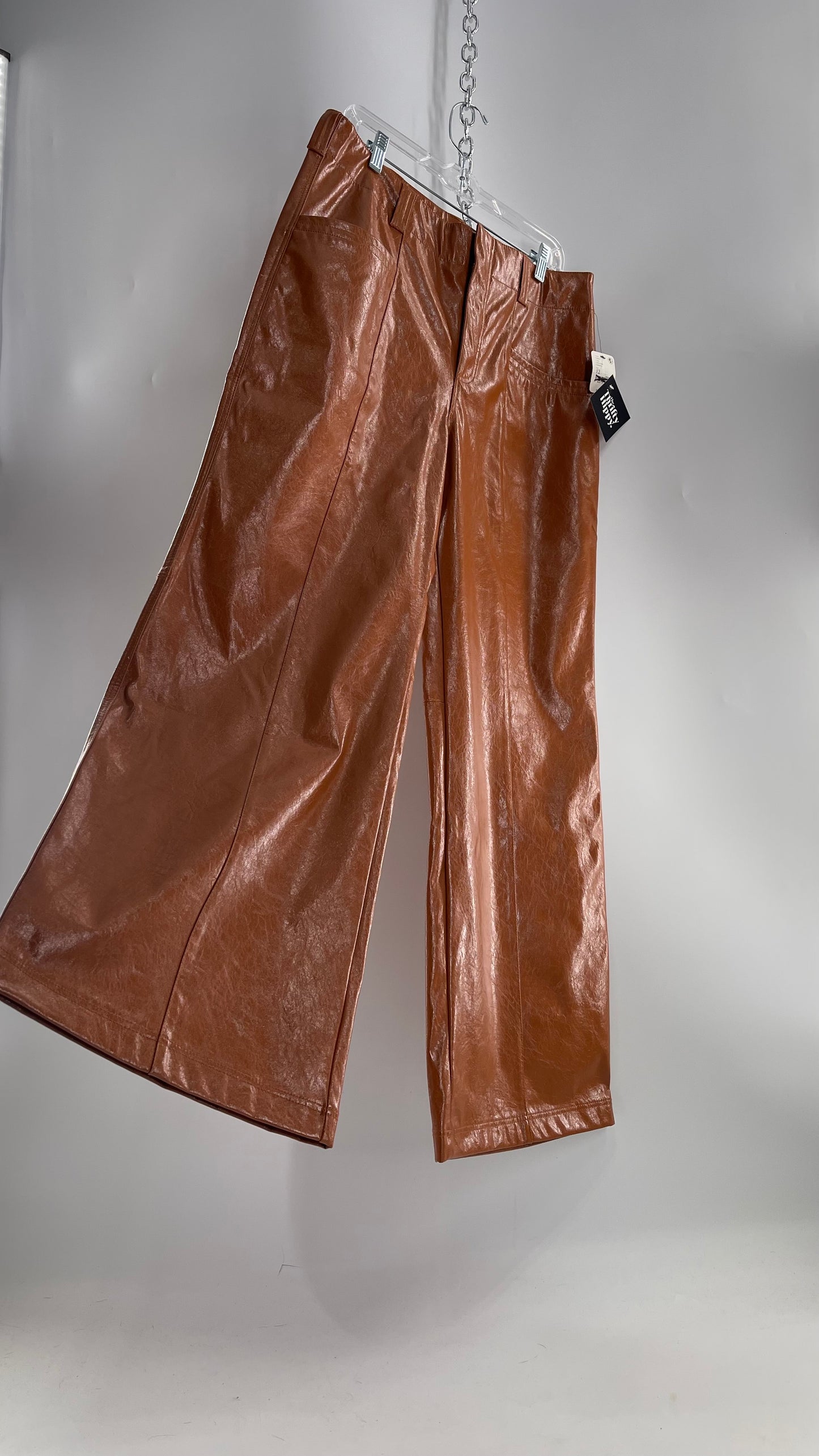 Free People Star Cross Lovers Cognac Brown Vegan Faux Leather Wide Leg Baggy Trouser(12)