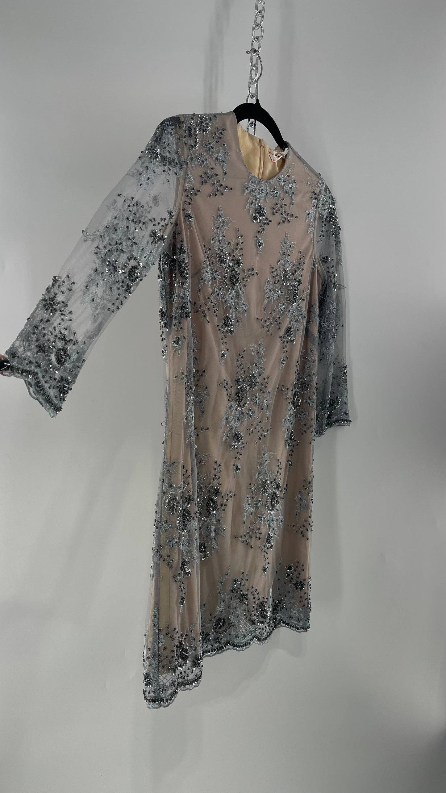 Koravilas Anthropologie Grey Mesh Embroidered Lace Long Sleeve Beaded Dress (4)