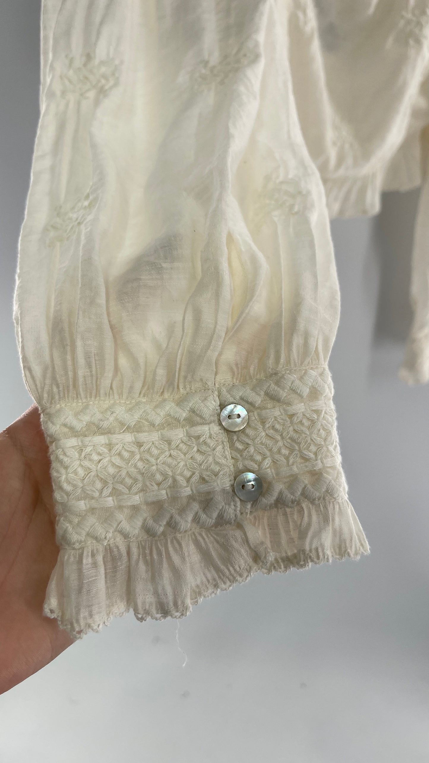 Free People White Cotton Bubble Sleeve Blouse with Embroidered Details (Medium)