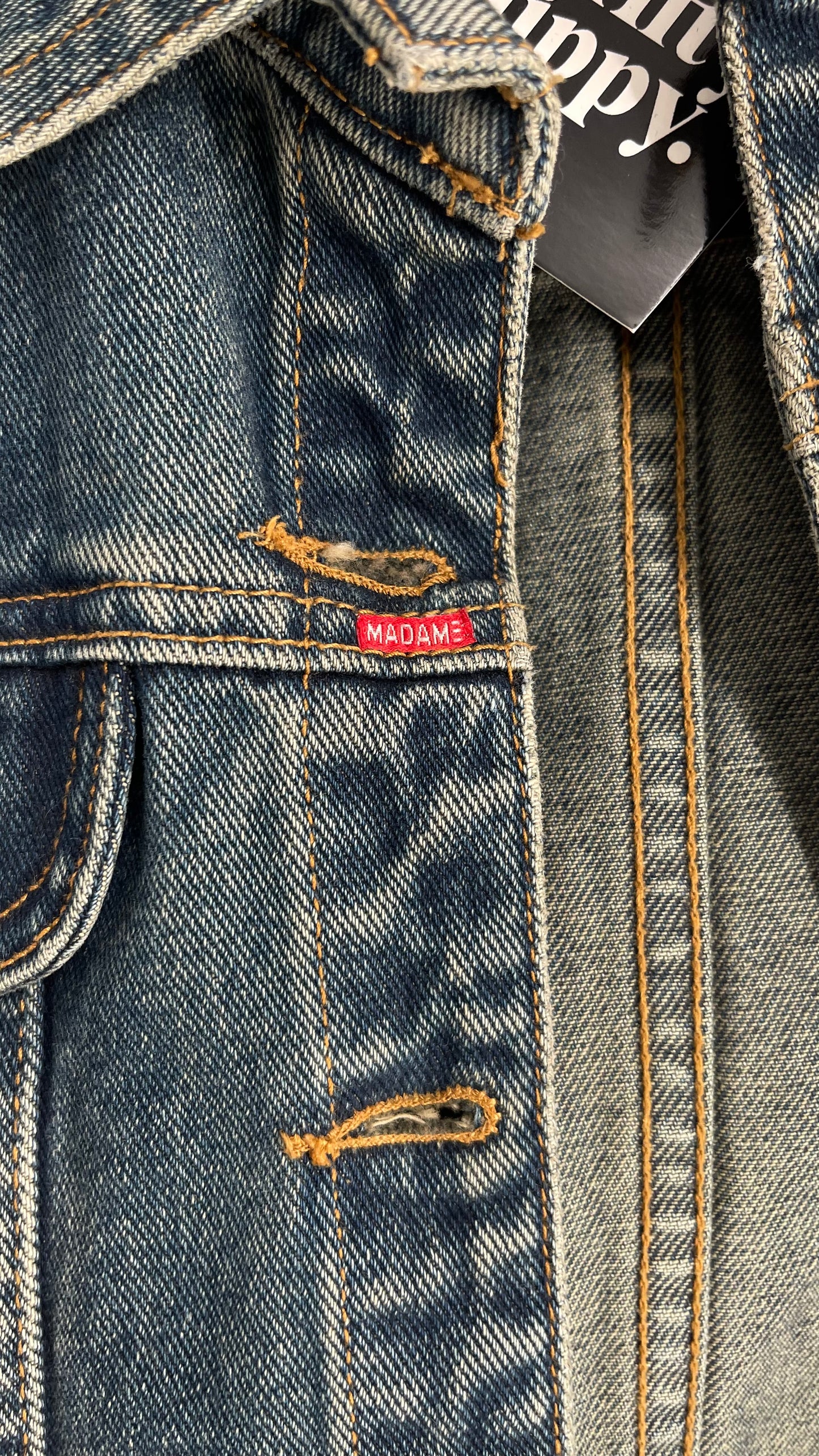 Vintage Madame Denim Culture Medium Wash Fade Jacket with Waist Belt and Back Pocket Details (Medium)