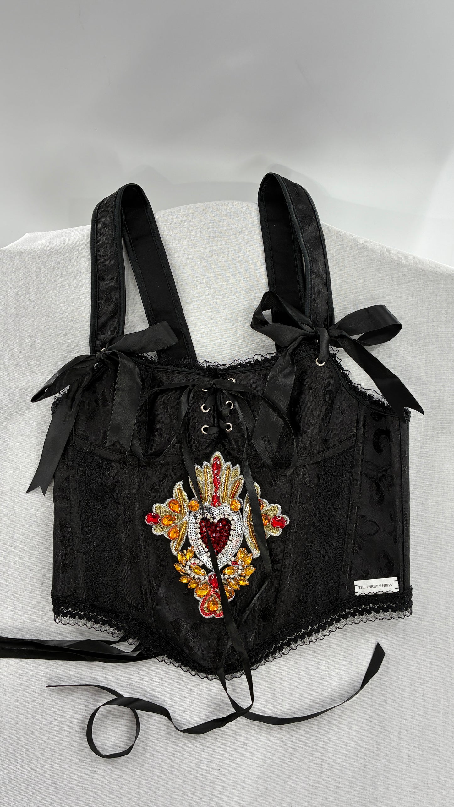 Custom Black Jacquard Corset, Handmade with Heart Appliqué, Bows, Embroidery, Gemstones, Lace and Ruffles (S/M)
