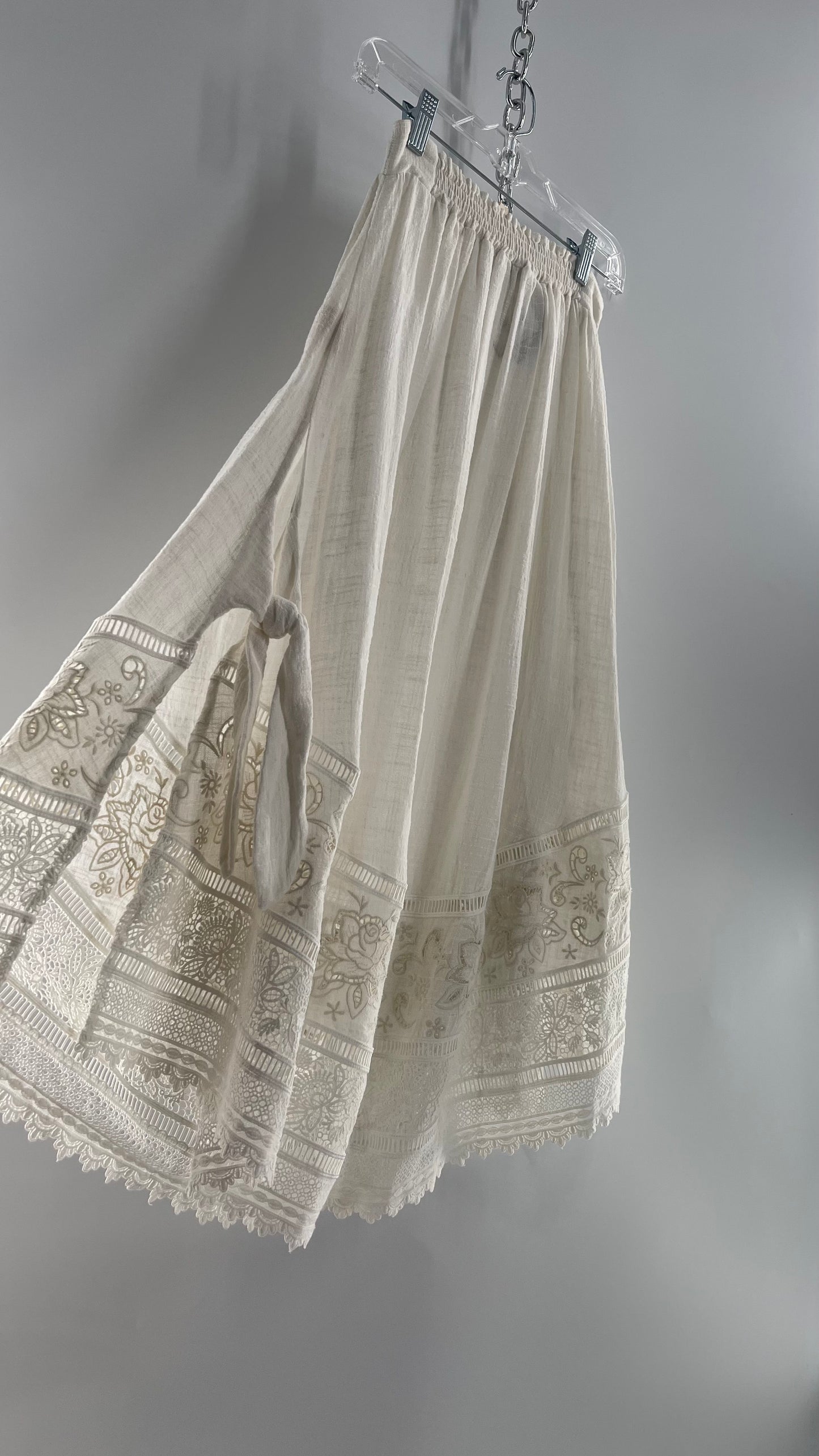 Spell & the Gypsy Full Length Cotton Gauze White Skirt with Tie Sides and Heavily Embroidered Hem (XS)