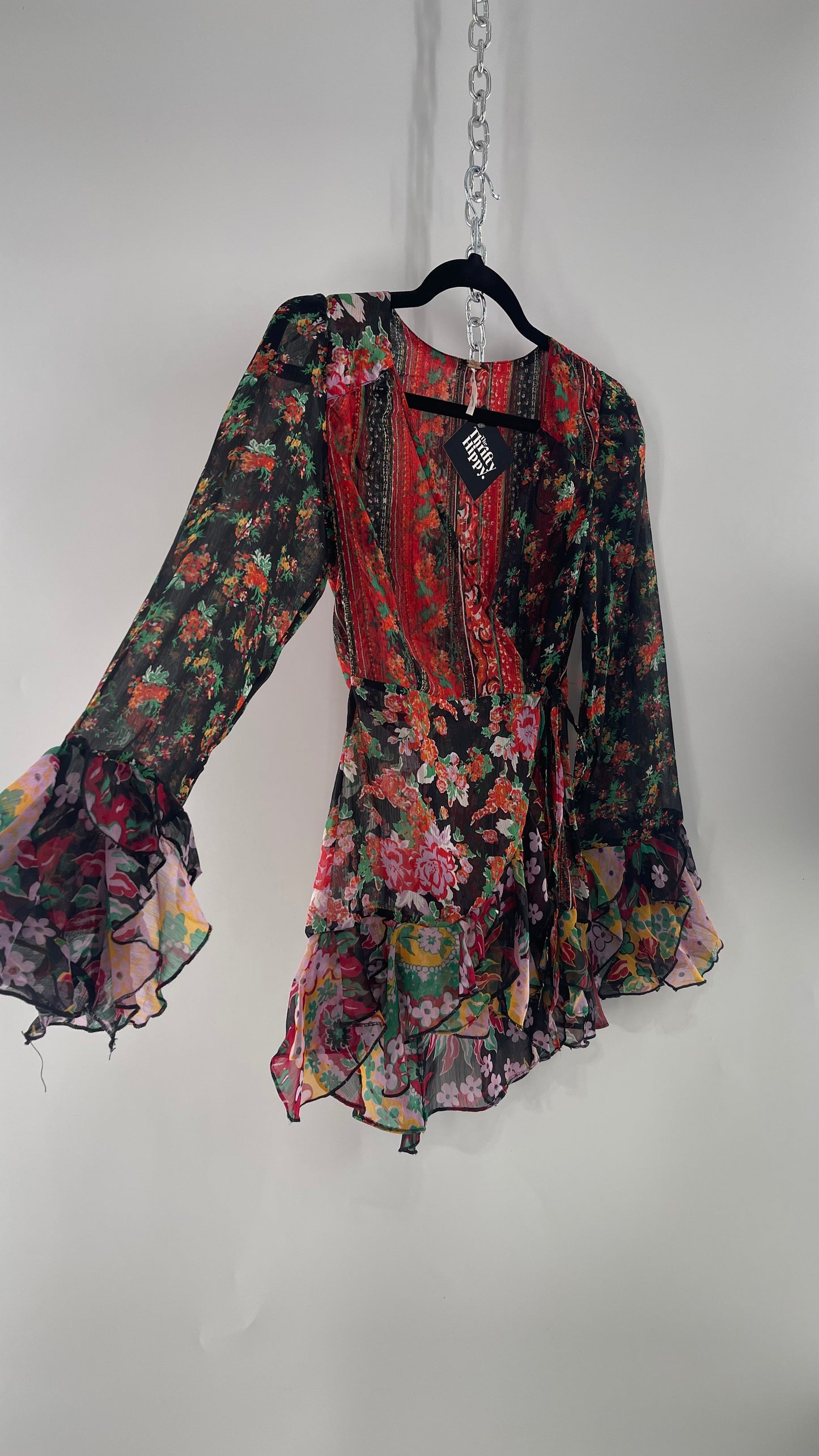Free People Black Colorful Floral Tie Front Blouse with Ruffled Sleeves and Hem(XS)