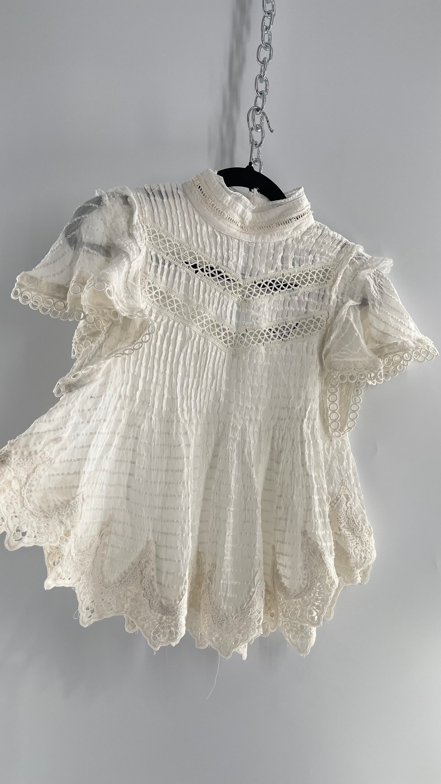 Kimchi Blue White 68% Viscose 32% Cotton Romantic Blouse with High Neck, Textured Body, and Scalloped Lace Hem and Sleeves (Small)