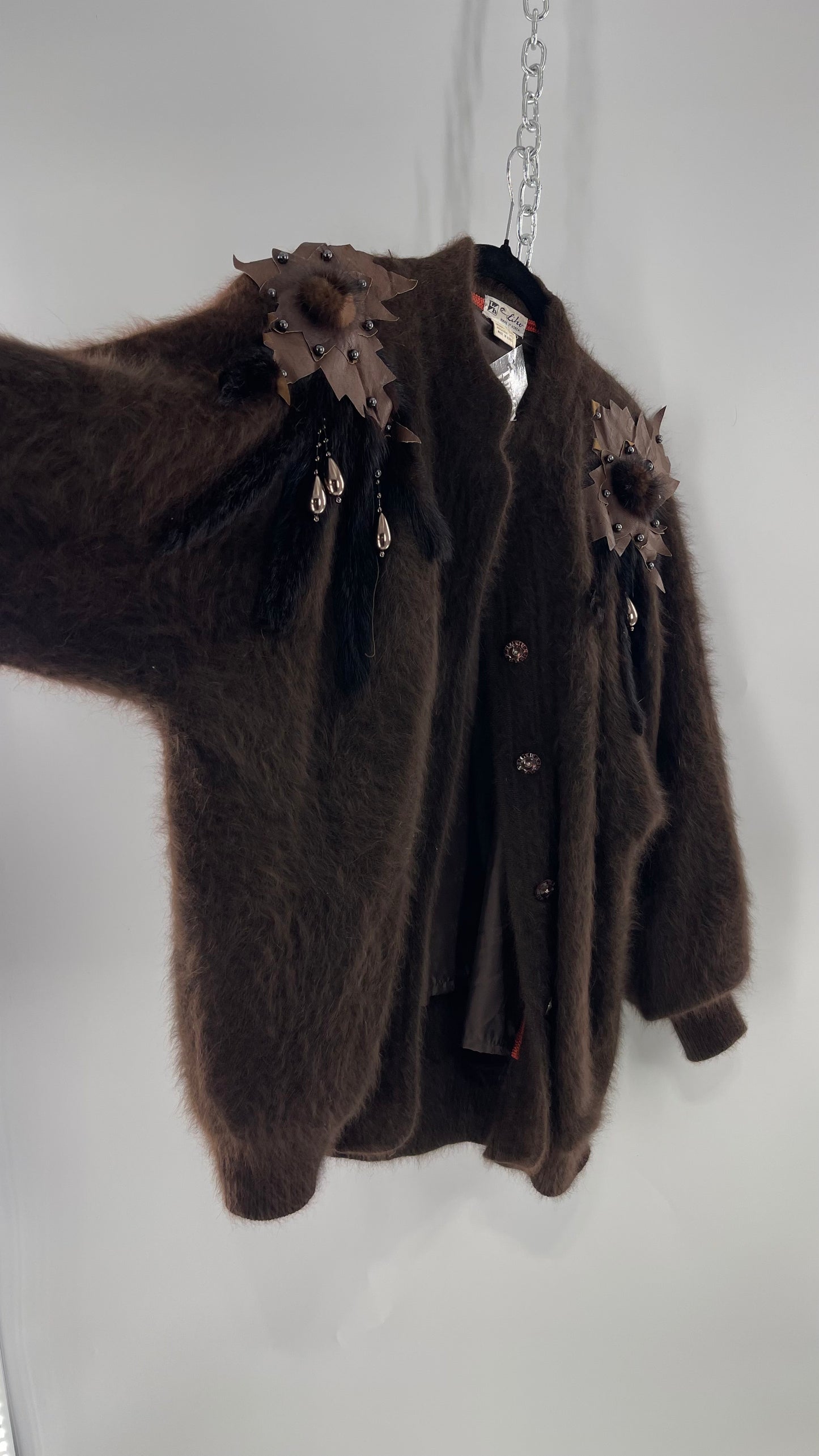 Liho Korean Vintage Brown Cardigan with Leather, Fur and Beaded Detailing 15% Wool 75% Angora  (C)(Medium)