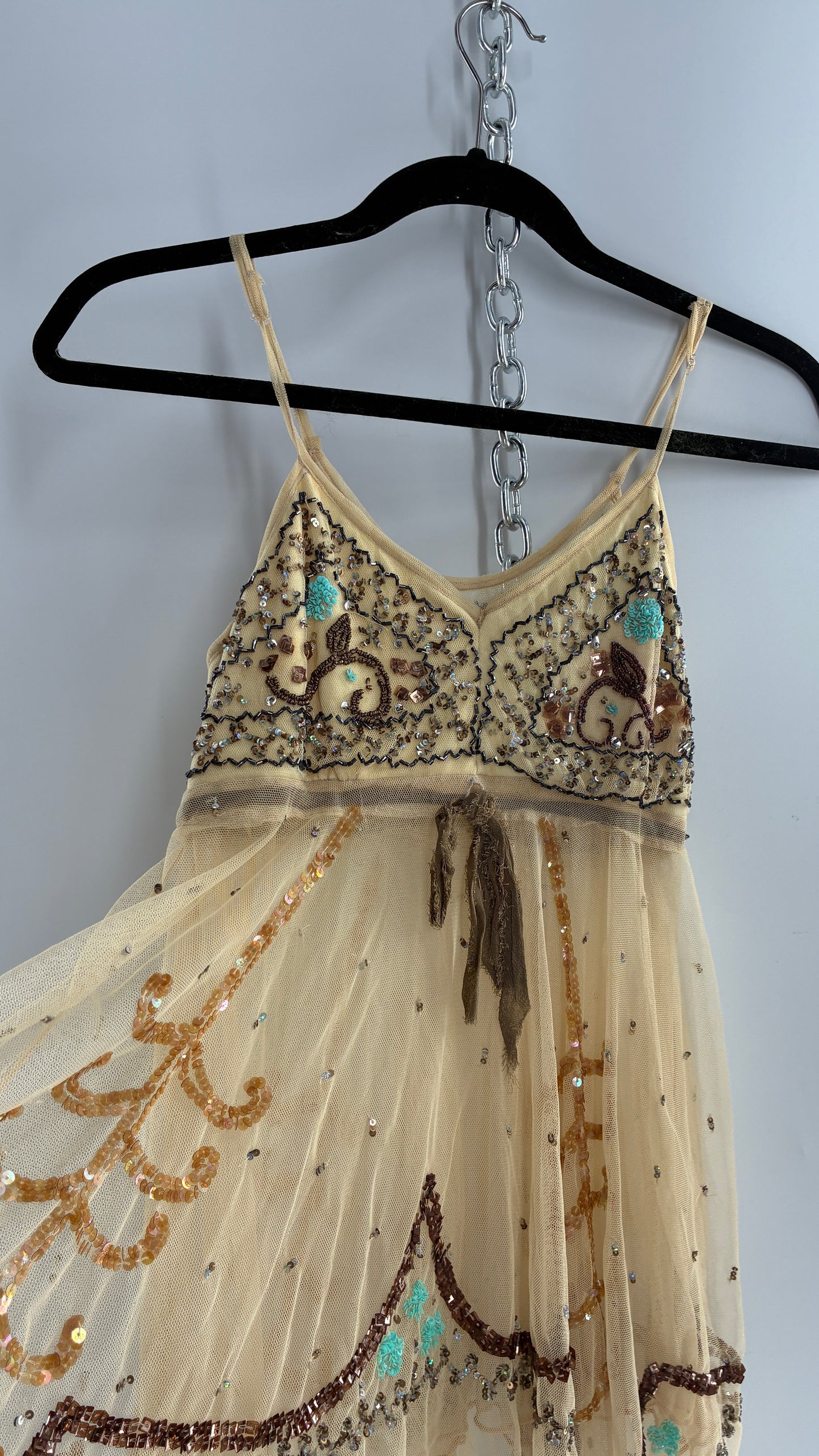 Handmade Beige Handkerchief Camisole with Hand Beaded Details (XS)